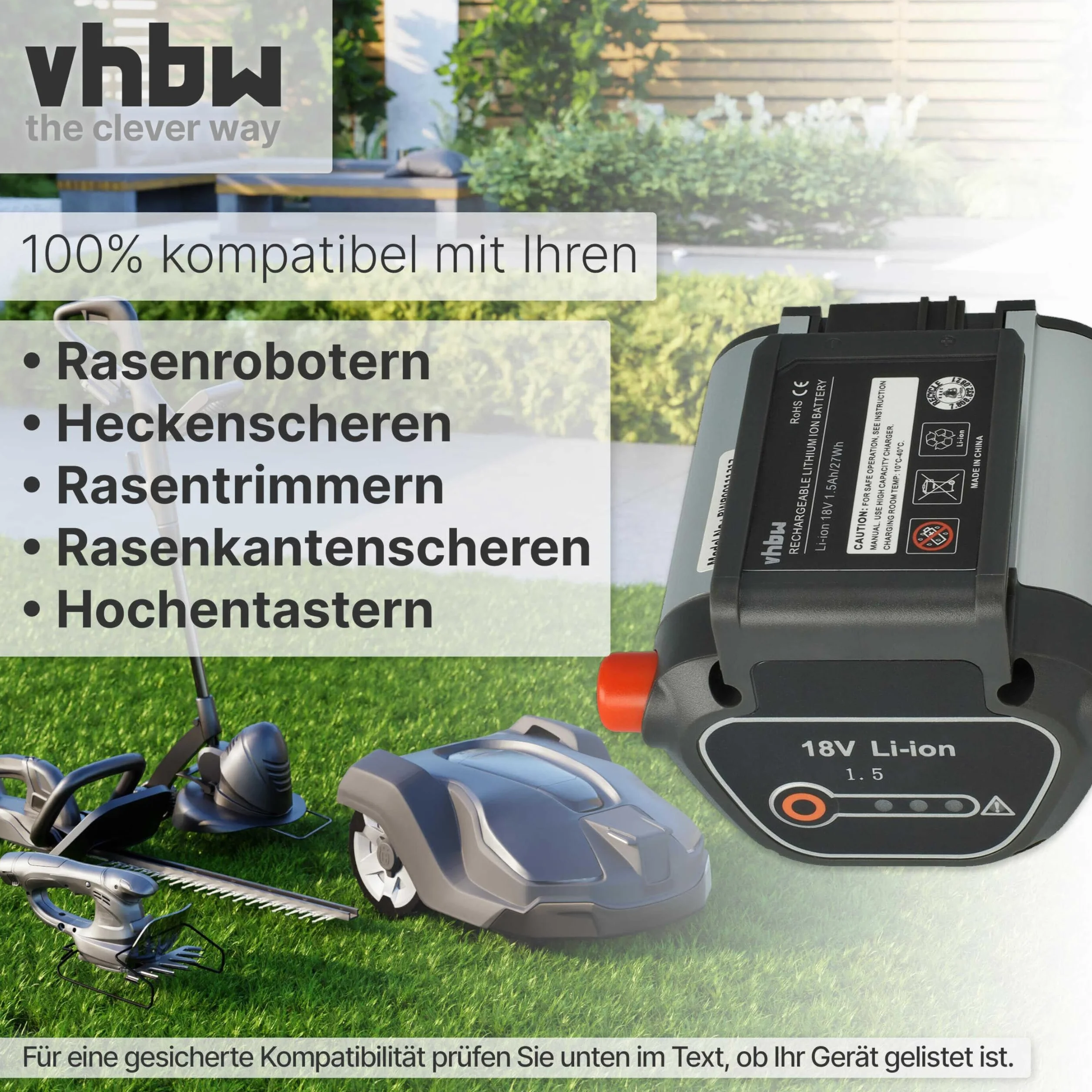 vhbw Akku kompatibel mit Gardena Akku-Rasenmäher PowerMax Li-18/32 & Allround Bläser AccuJet Li-18 Ersatz für BLi-18 (9840-20, 9839-20) - (Li-Ion, 1500mAh, 18V)