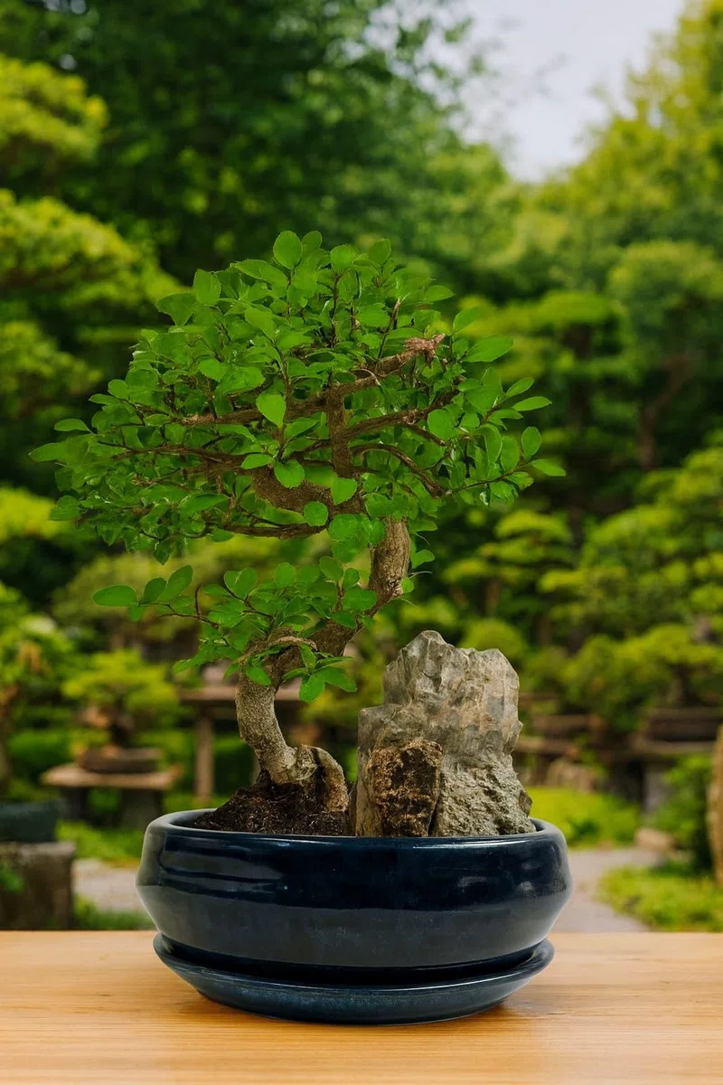 Chinesische Ulme Bonsai – ca. 9 Jahre alt, 35–40 cm – Bonsaiarrangement an Felsen in Keramikschale mit Untersetzer, pflegeleichter Indoor-Bonsai