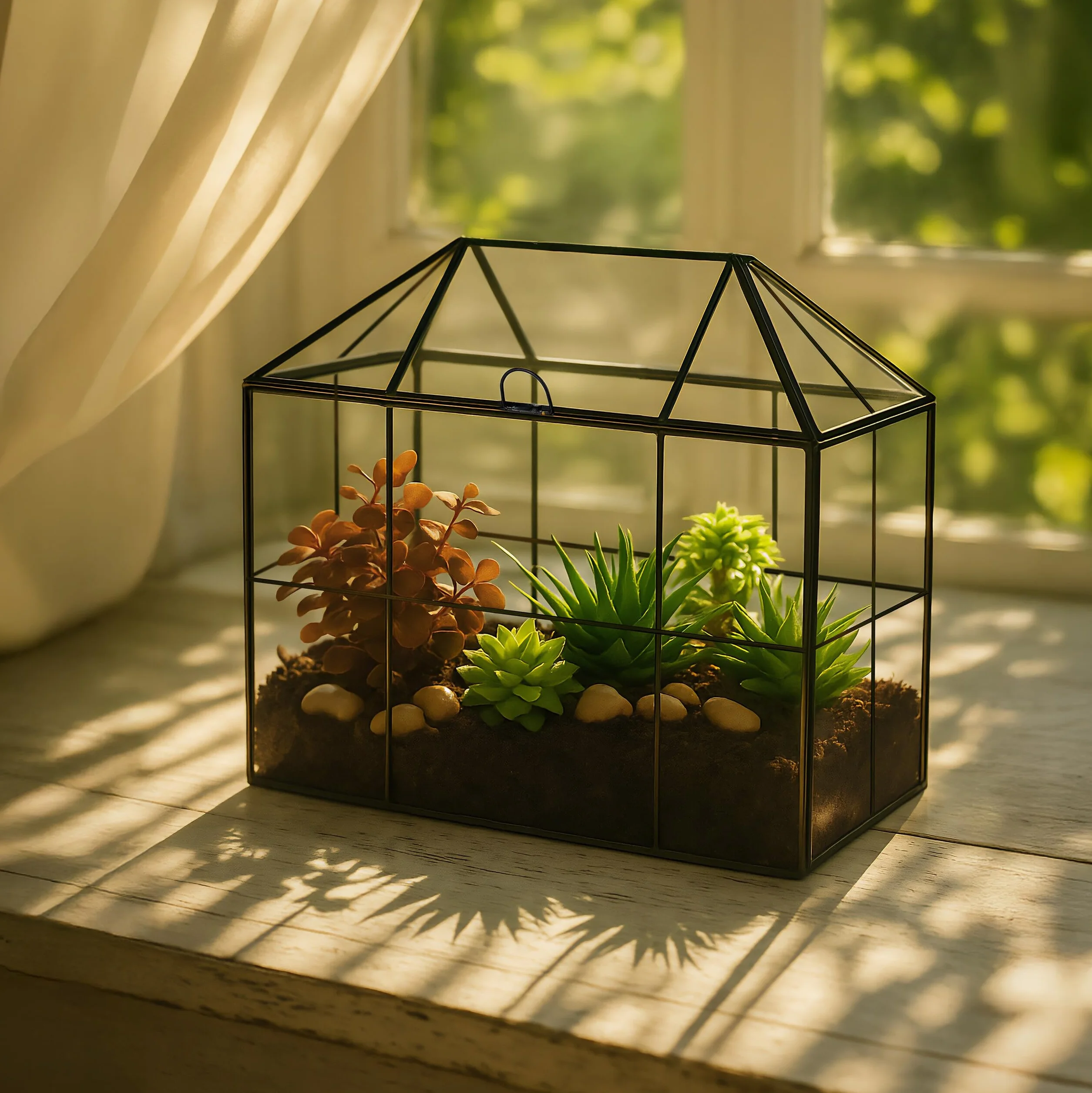 Relaxdays Pflanzenterrarium, Glas & Kupfer, 27x30x15 cm, Deko Glashaus Kakteen & Moos, Glaskasten Fensterbank, schwarz