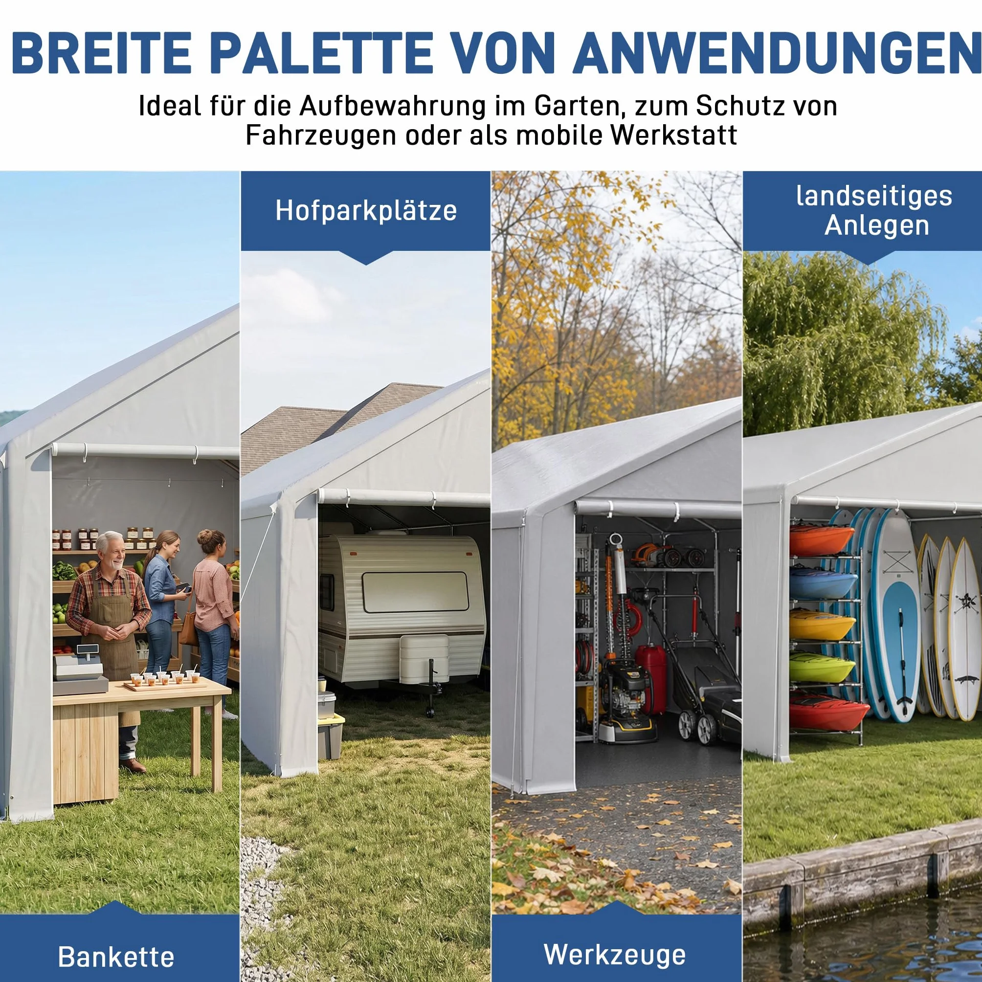 Carport Zeltgarage 4x6m, Lagerzelt mit wetterfester PE Plane, Garagenzelt mit verzinktem Stahlrahmen, mit Erdankern und Abspannseilen, Unterstand für Auto, Geräte und Gartenbedarf, Grau