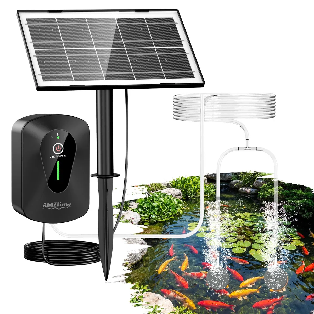AMZtime Solar Sauerstoffpumpe für Gartenteich, 4.5 W Solar Teichbelüfter, Sauerstoffpumpe Oxygenator mit 2200 mAh Akku, Sauerstoff Luftpumpe 3 Modi 2 Luftsteine für Teich, Gartenteiche, Aquarium