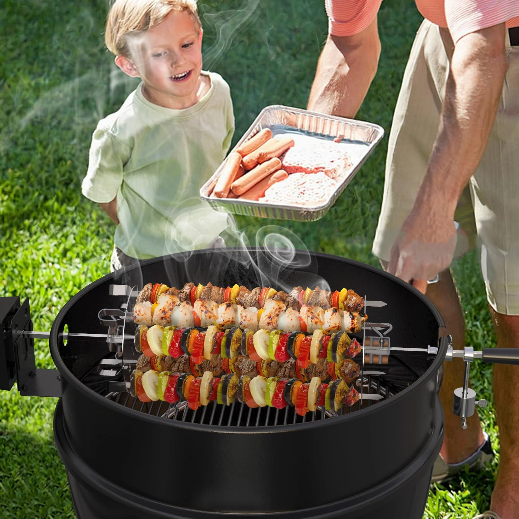 onlyfire Universal Drehbar Grillspieß System Rotisserie Nadel Set, Edelstahl Rondell Grillspiessgestell für Drehspieße, passt für Alle Drehspieße, mit 6 Langen 41cm Spießen, Ø16cm