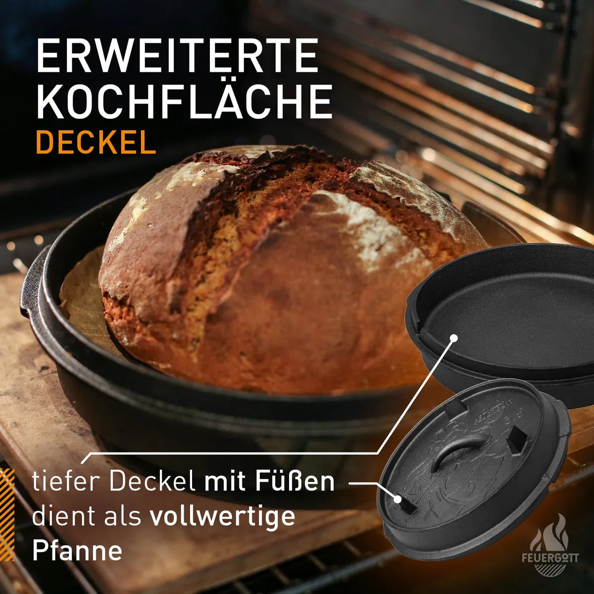 Dutch Oven 6L ohne Füße – Gusseisen Topf für Brot, Braten, Backofen, Herd, Induktion, Schmortopf für Familienküche, BBQ, Auflauf, große Portionen, Kochen, Grill, Bräter, rustikal, schwarz