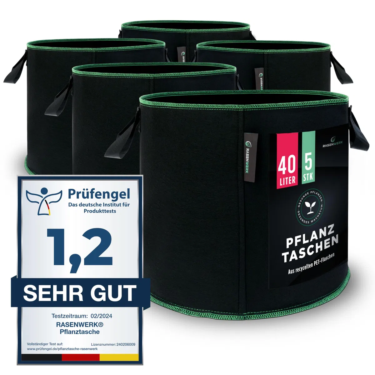 40 Liter Pflanztasche aus Vliesstoff - Pflanzsack für Garten, Gewächshaus & Balkon - Pflanzbeutel für Blumen, Tomaten und Pflanzen - Ideale Alternative zum Blumentopf - 5 Stück