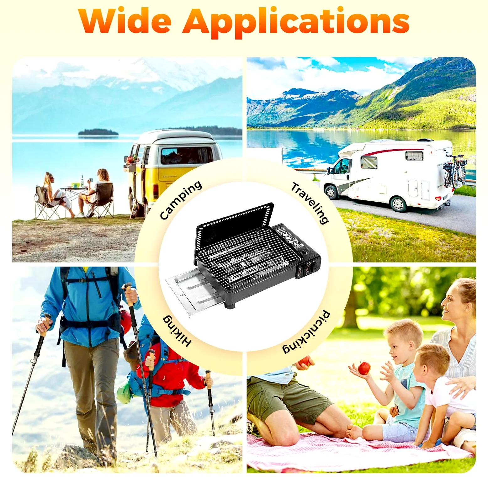 Tragbarer Camping Gasgrill, Gasgrill Klein mit Grillnetz und Koffer, Tischgrill Gas mit Überdruckschutzvorrichtung und Piezo-Zündvorrichtung für Camping, Reisen, Trekking