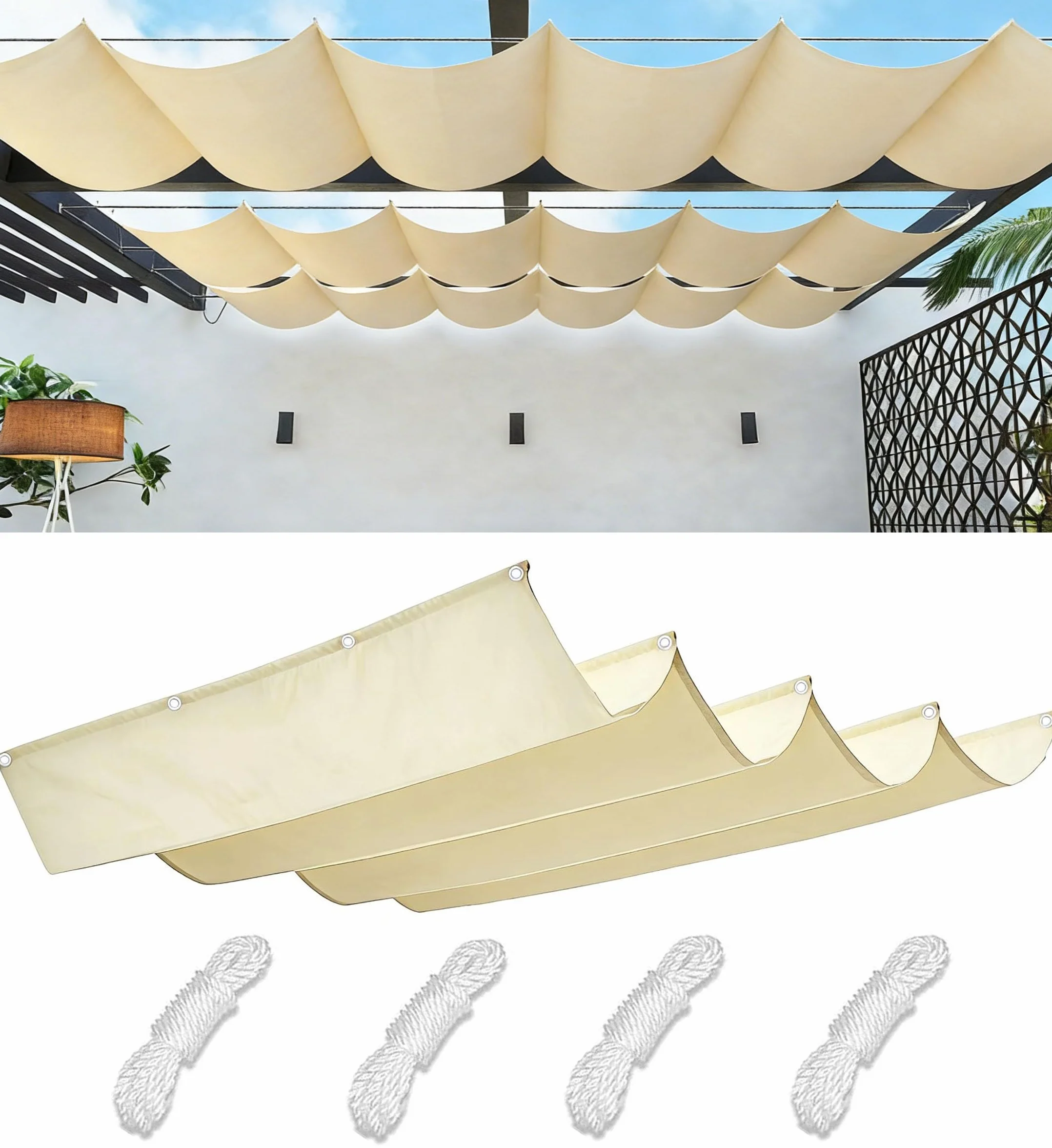 Einziehbare Welle Sonnensegel Nach Maß Wellenmarkise Verstellbar Segeltuch mit Ösen und Kordel Markisenstoff UV-Schutz Sonnenschutz Wasserdicht für Garten Pergola Balkon Terrasse 1x3M Creme