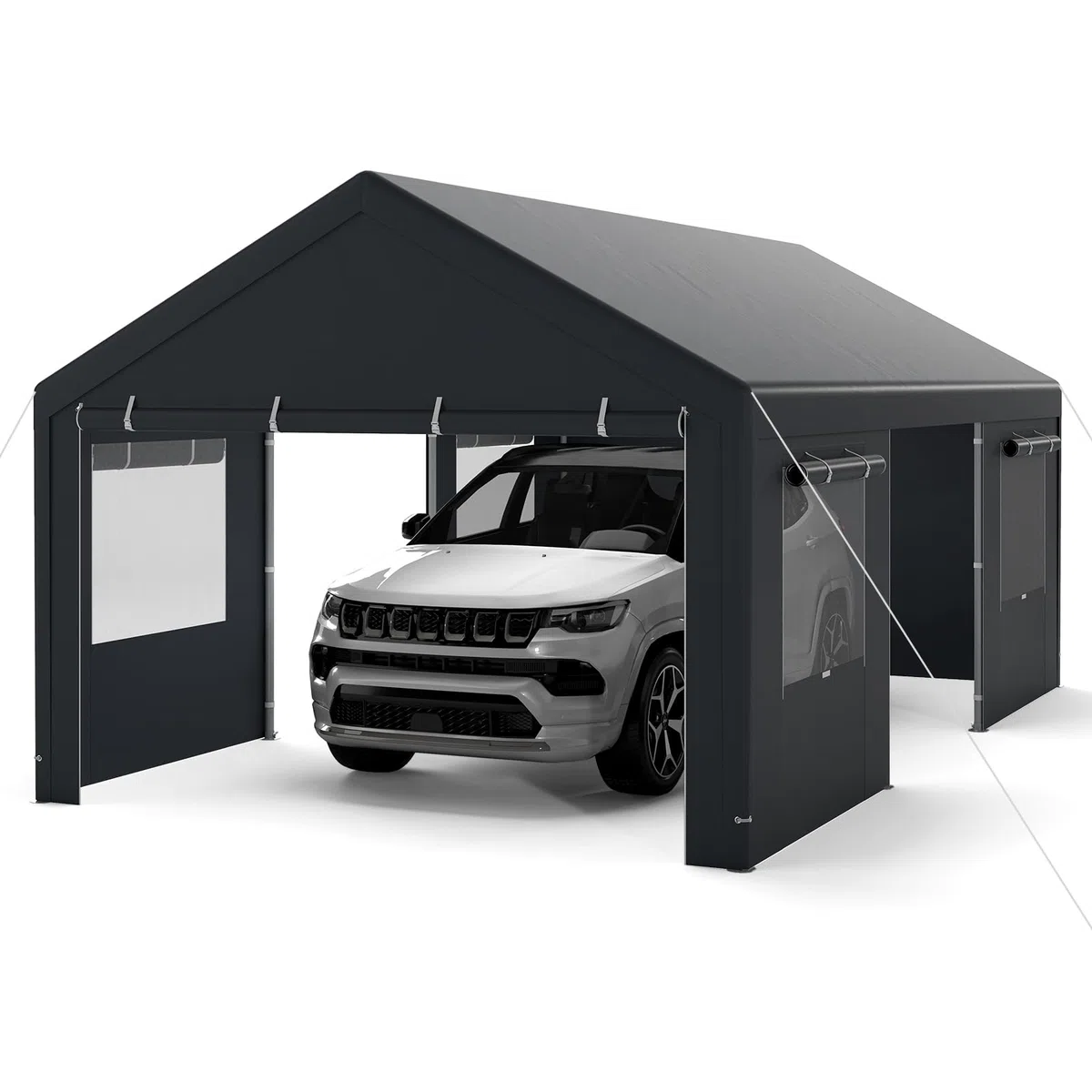 COSTWAY Zeltgarage Carport, 600 x 363 cm Garagenzelt Winterfest, Lagerzelt mit abnehmbaren Seitenwänden, Rolltüren & belüfteten Fenstern, Weidezelt Unterstand für Auto, SUV, LKW, PKW (Grau)