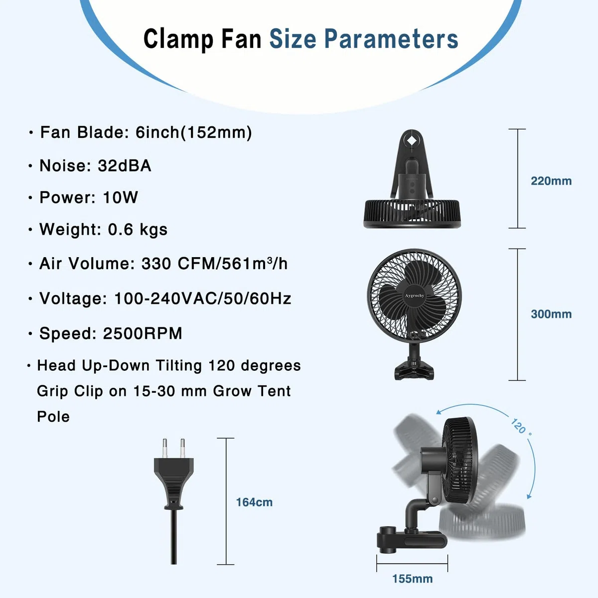 Aygrochy Ventilator Grow mit Clip, EC-Motoren 10 Geschwindigkeiten grow lüfter für Grow Zelte, IP-44, für Umluft und Kühlung im Indoor Grow, Manuelle Oszillierender.
