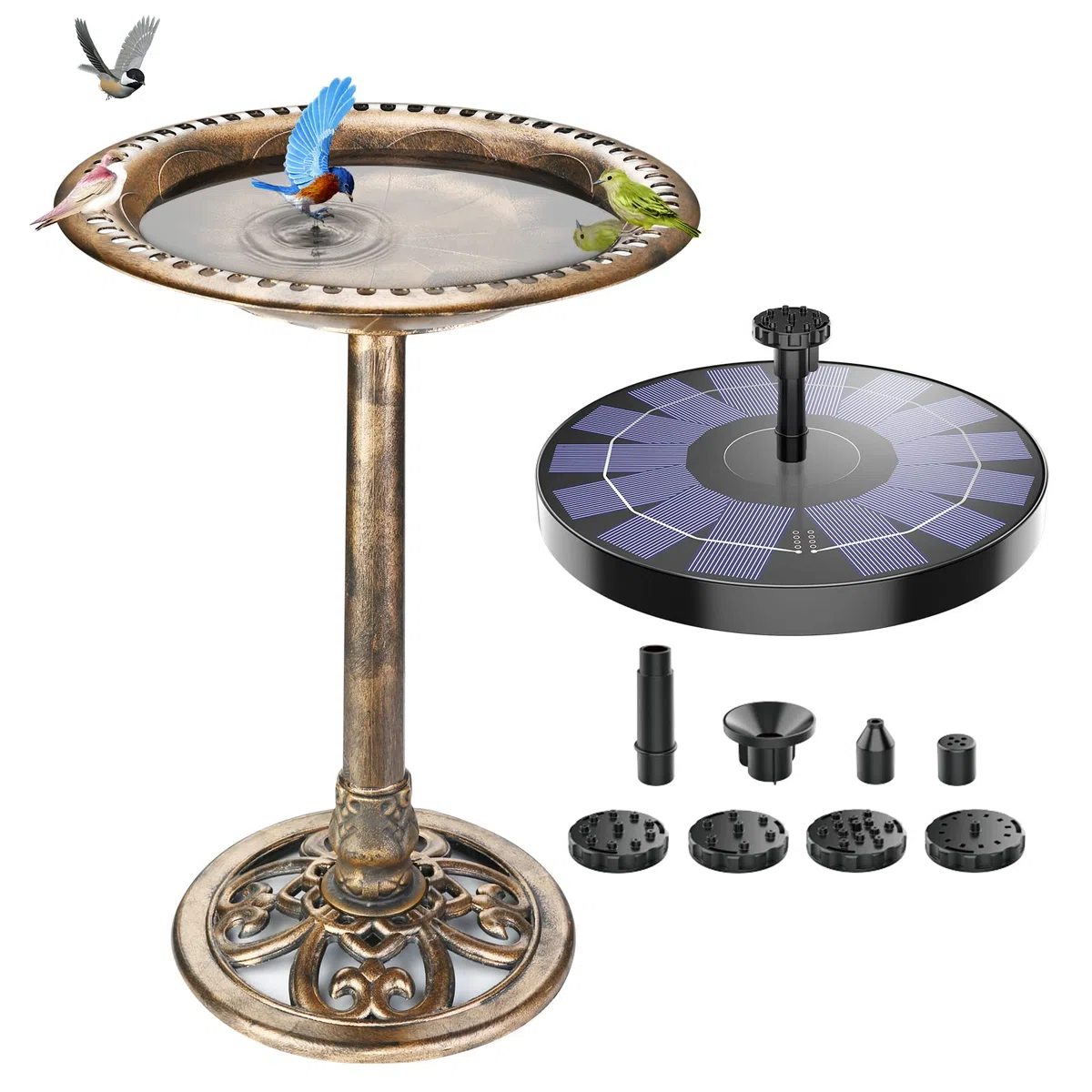 AMZtime Vogeltränke Solar Winterfest Vogeltränke Stehend mit 2,5W Solar Springbrunnen für Außen, Vogeltränke Garten Tränke Bad für Wildvögel, Wassertränke für Vögel,Vogeltränke Garten（Braun）