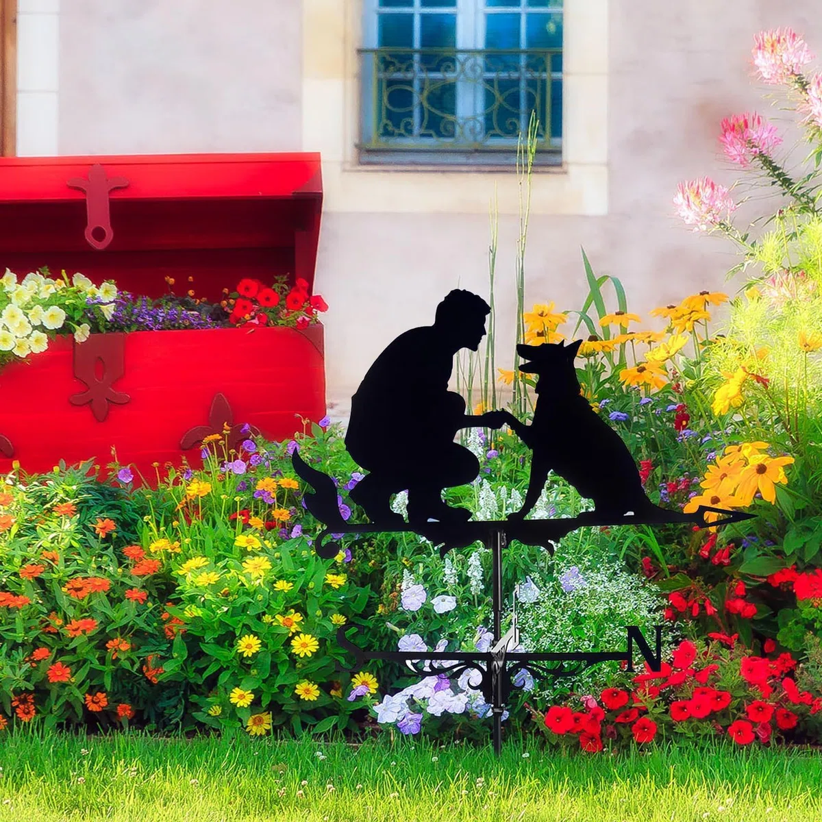 Wetterfahne aus Edelstahl, Retro Gartendekoration für den Außenbereich, Windfahne für Professionelle Messungen (Mann und Hund #49)