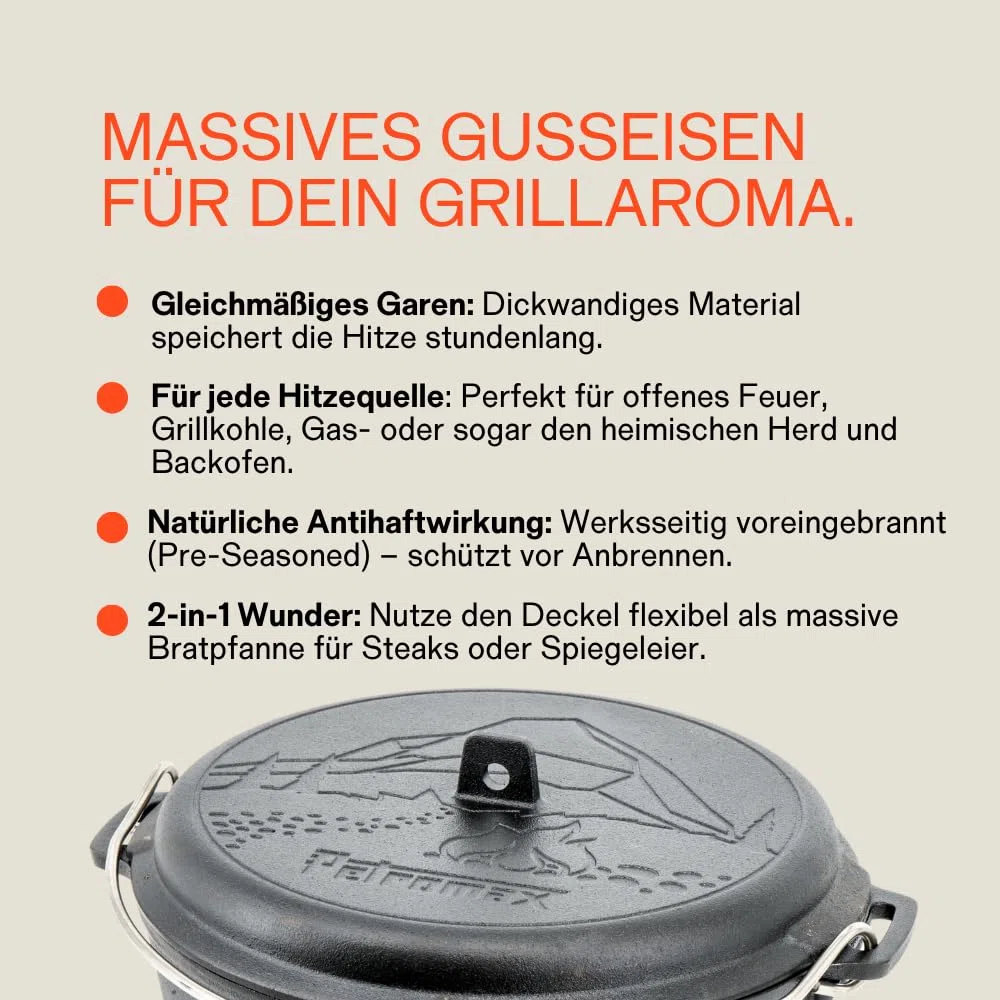 Petromax Dutch Oven ft9-t Komplettset – Feuertopf 7,5 L Gusseisen | Mit Deckelheber, Pflegepaste, Ringreiniger & Kirschholz-Löffel. Deckel als Pfanne. Für Grill, Ofen & Feuer, 8-14 Pers.