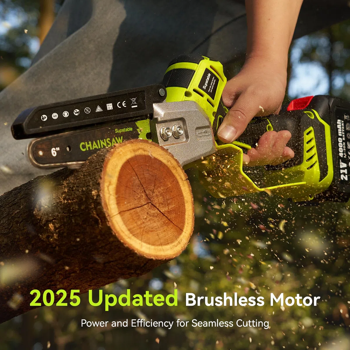 Supstable Mini Kettensäge mit Akku 6 Zoll, 8000 mAh Astsäge mit Automatischem Öler, 800W Bürstenloser Motor, 2 Akkus, 2 Ersatzketten und Ladegerät, Einhand Akkusäge für Garten & Baum