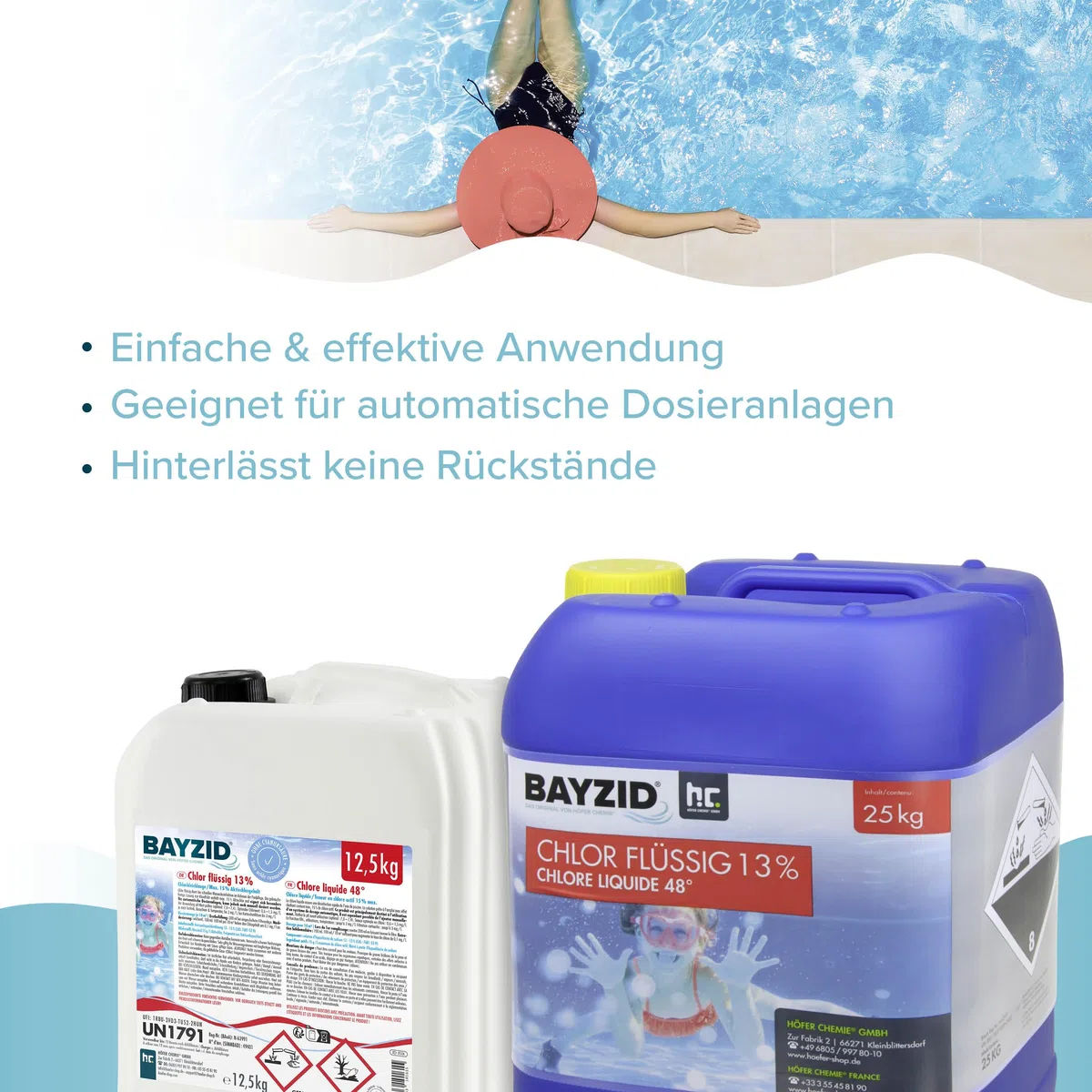 Höfer Chemie 12,5 kg Pool Flüssigchlor BAYZID - mit 13 bis 15% Aktivchlorgehalt zur Poolpflege und Wasserdesinfektion - Made in Germany