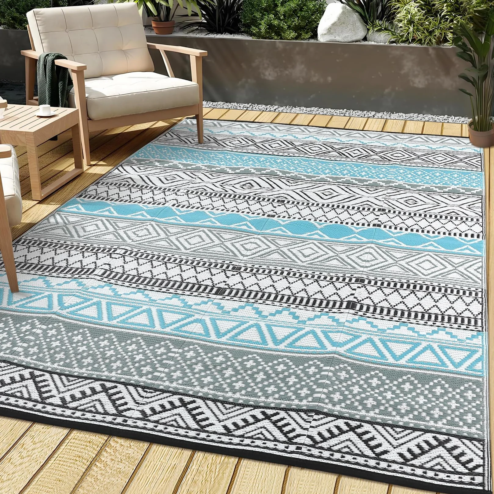 CAROMIO Outdoor Teppich Terrasse 120x240 cm, Wasserdicht. Kunststoffstroh-Teppich Camping, Umkehrbar. Indoor-Outdoor-Teppich Veranda, Terrassendeck, Garten, Balkon, Blau/Grau/Schwarz/Weiß