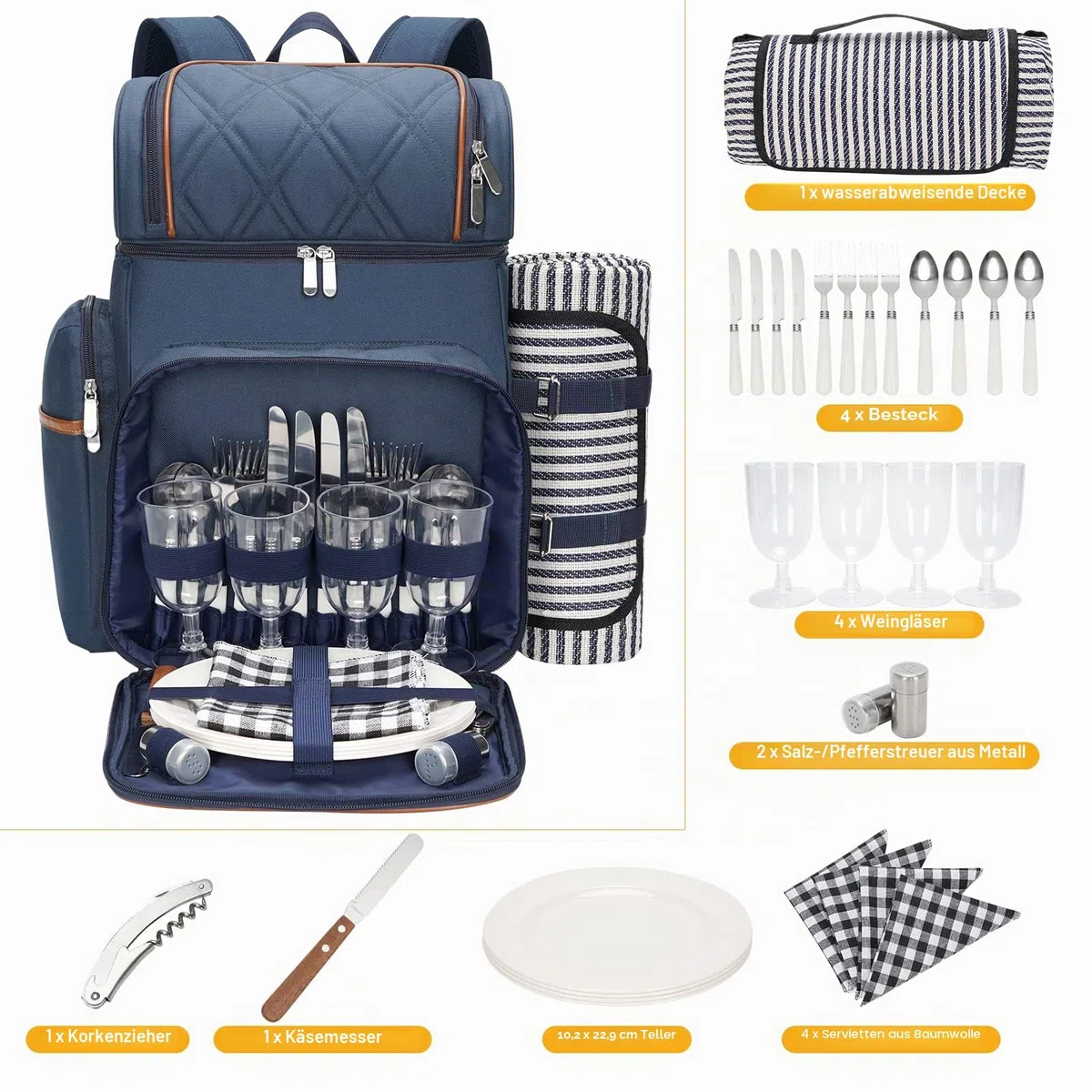 Picknick-Rucksack für 4 Personen, Picknickkorb-Set, auslaufsichere Picknicktasche, Strandkühlrucksack mit isolierter Kühltasche, Picknickdecke, Camping, Park