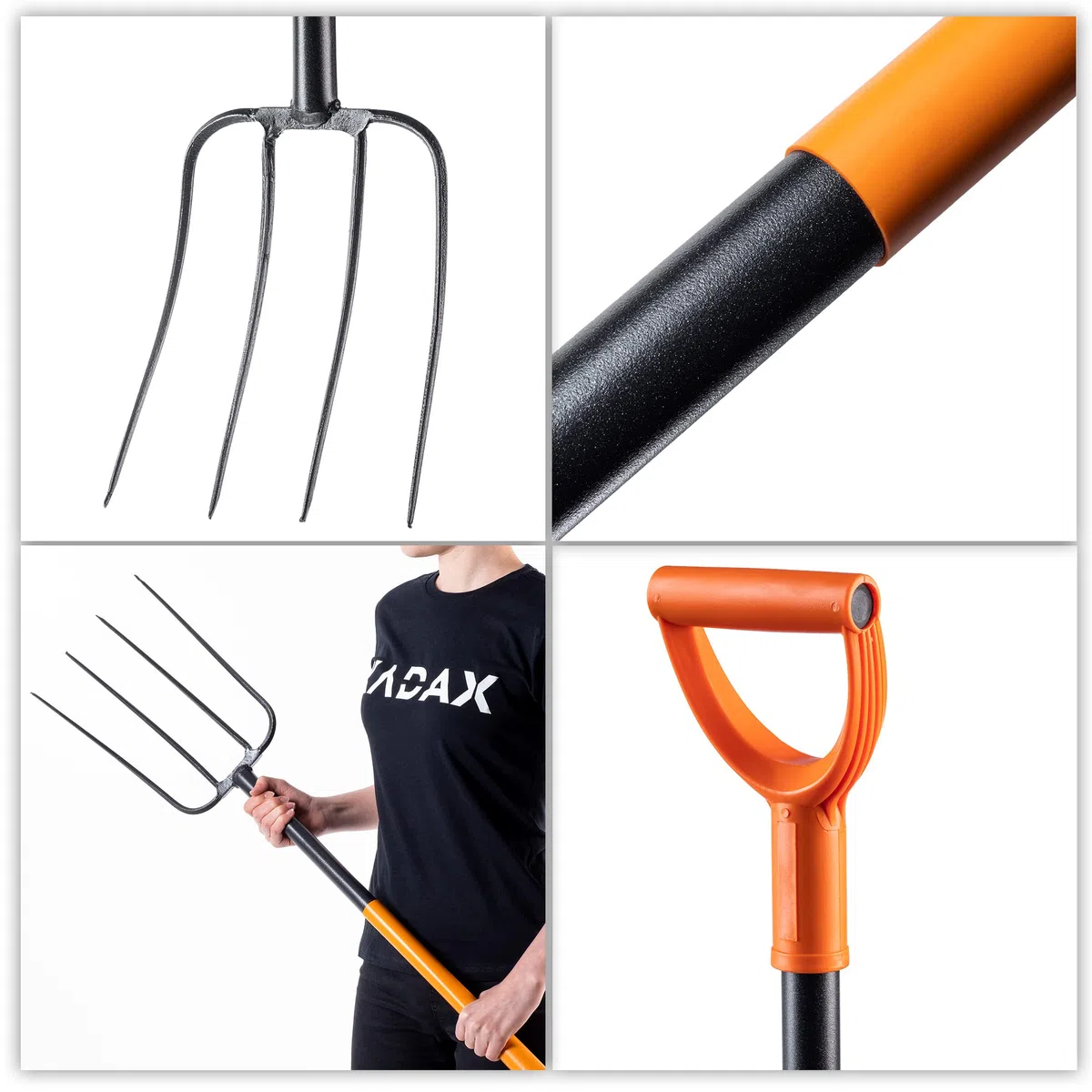 KADAX Spatengabel aus Stahl, 132 cm Lange Gabel, Heugabel, Grabgabel zum Umgraben, ergonomische Gartenforke, Mistgabel, Gabel mit D-Griff, Gartengabel (4 Zinken, schwarz/orange)