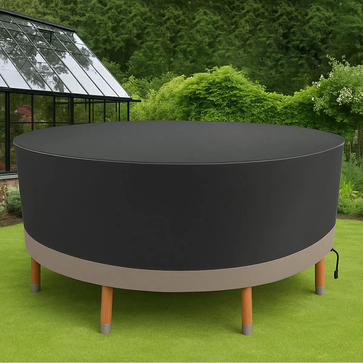 Abdeckung für Gartenmöbel,Schutzhülle für Gartentisch Wasserdicht,Abdeckplane 420D Oxford Gewebe,Verstärkten Nähten Anti-UV, Belüftungsöffnungen & Schnallen für Sitzgruppe & Lounge-Möbel,Rund 200x85cm