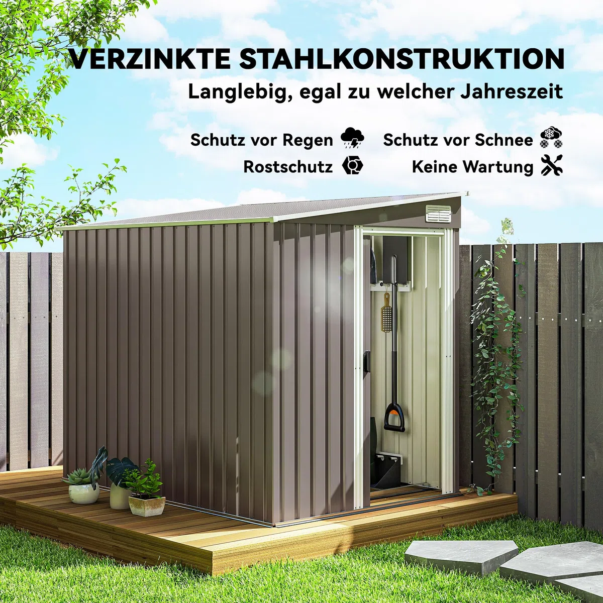 Outsunny Metall Gerätehaus 2,81m² 154x206,5x181 cm Geräteschuppen mit Pultdach Schiebetür wetterfest Hellgrau