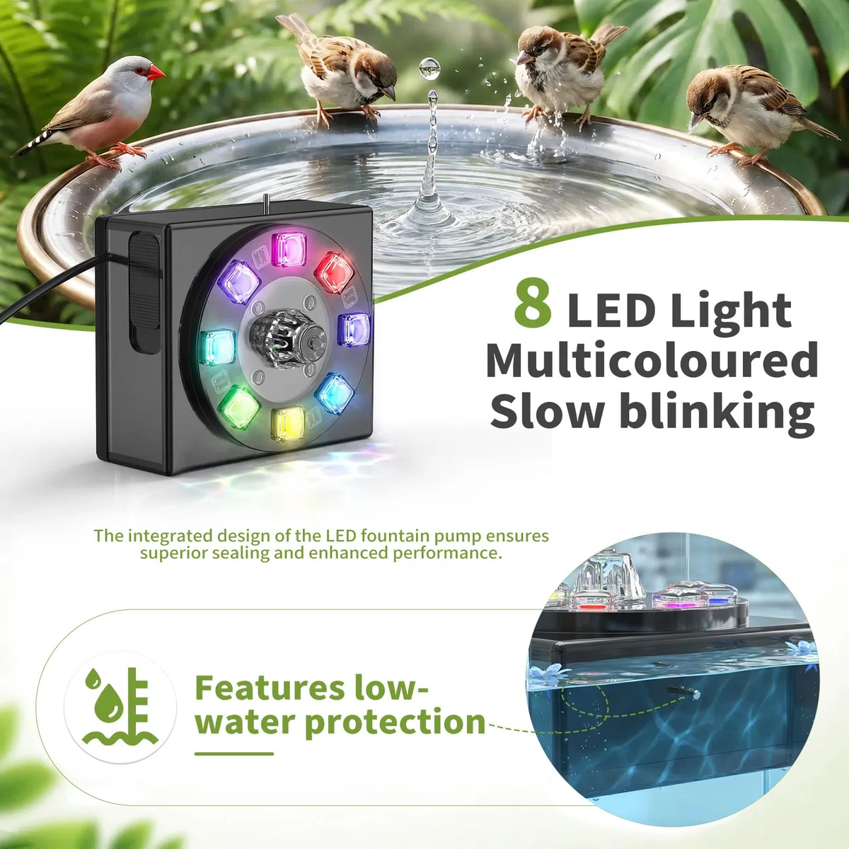 Forever Speed Solarbrunnen mit Akku LED 8W für Teich Garten Vogelbad 100L/H