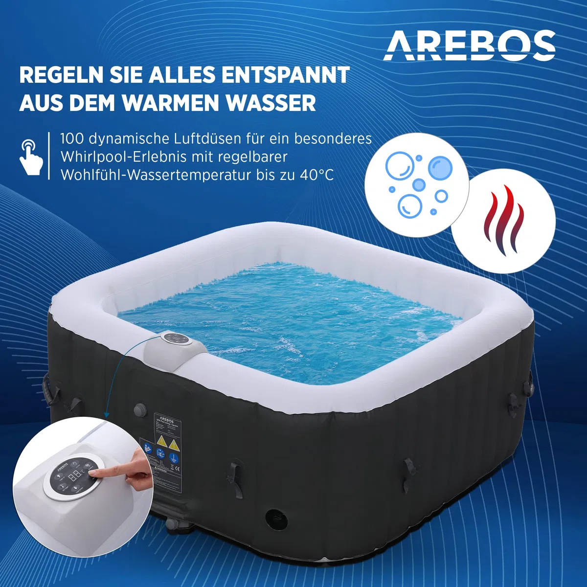 Arebos Aufblasbarer Spa Pool | für drinnen und draußen | Whirlpool 4 Personen | 154x154cm | 100 Massagedüsen | Wellness Spa Heizung | Aufblasbare Massage Quadrat | 600 Liter