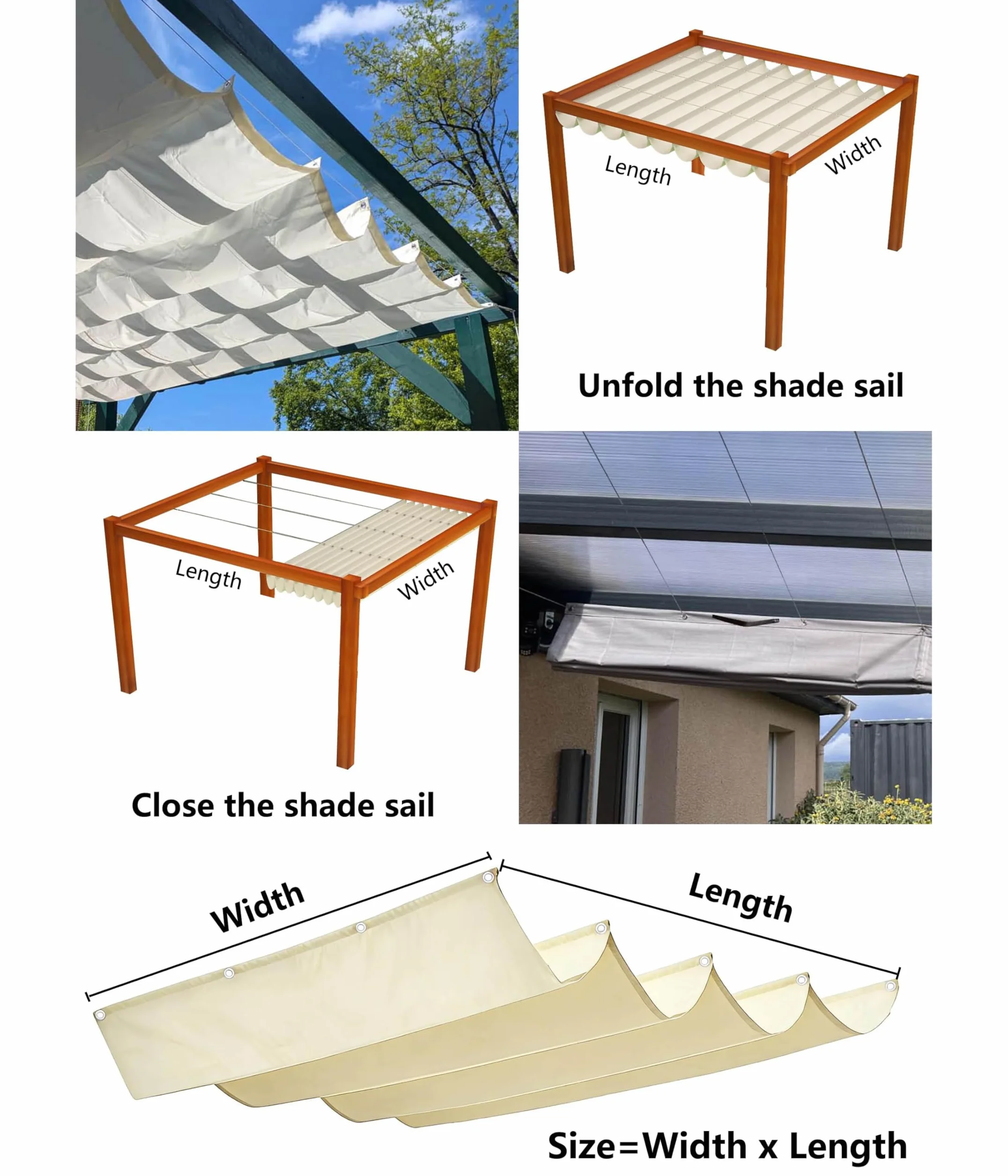 Einziehbare Welle Sonnensegel Nach Maß Wellenmarkise Verstellbar Segeltuch mit Ösen und Kordel Markisenstoff UV-Schutz Sonnenschutz Wasserdicht für Garten Pergola Balkon Terrasse 1x3M Creme