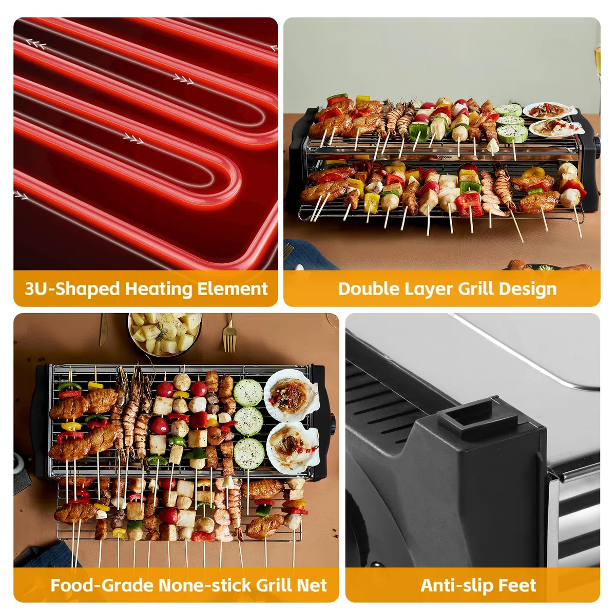Tischgrill Elektrisch, Elektrogrill Doppelschicht, 2200W Elektro Grill Smokeless BBQ Grill für Balkon Indoor Party, Grillnetz aus Edelstahl, Schwarz