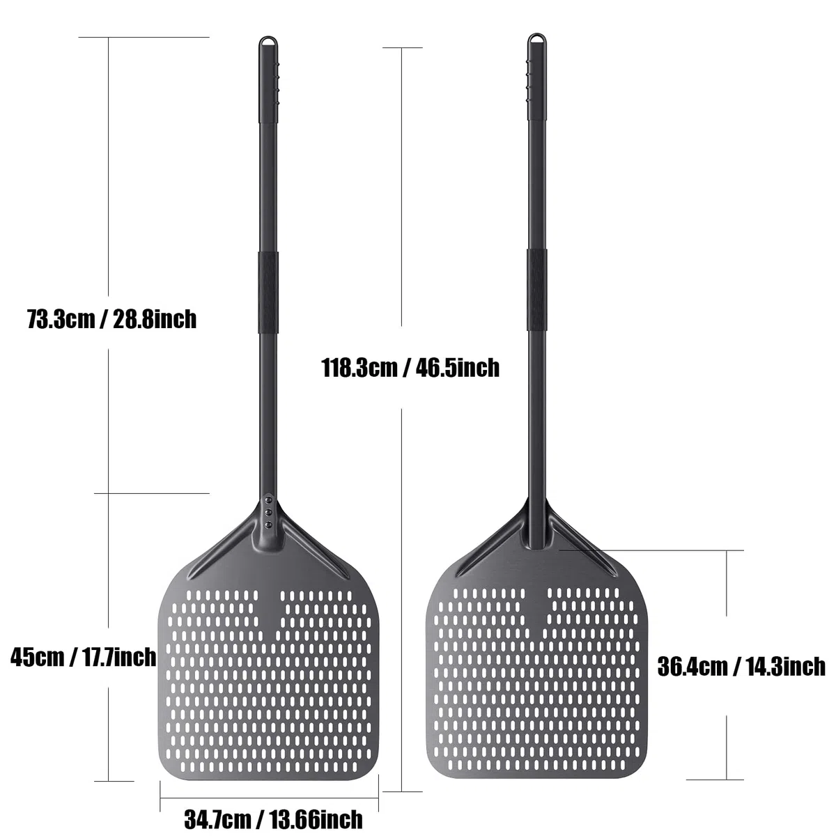 Perforierter Pizzaschaufel aus Harteloxiertem Aluminium zum Leichten Gleiten auf Pizzastein, Rechteckig Großer Fläche & Abnehmbaren Griff für Grill Pizzaofen 34,7cm / Länge 118cm