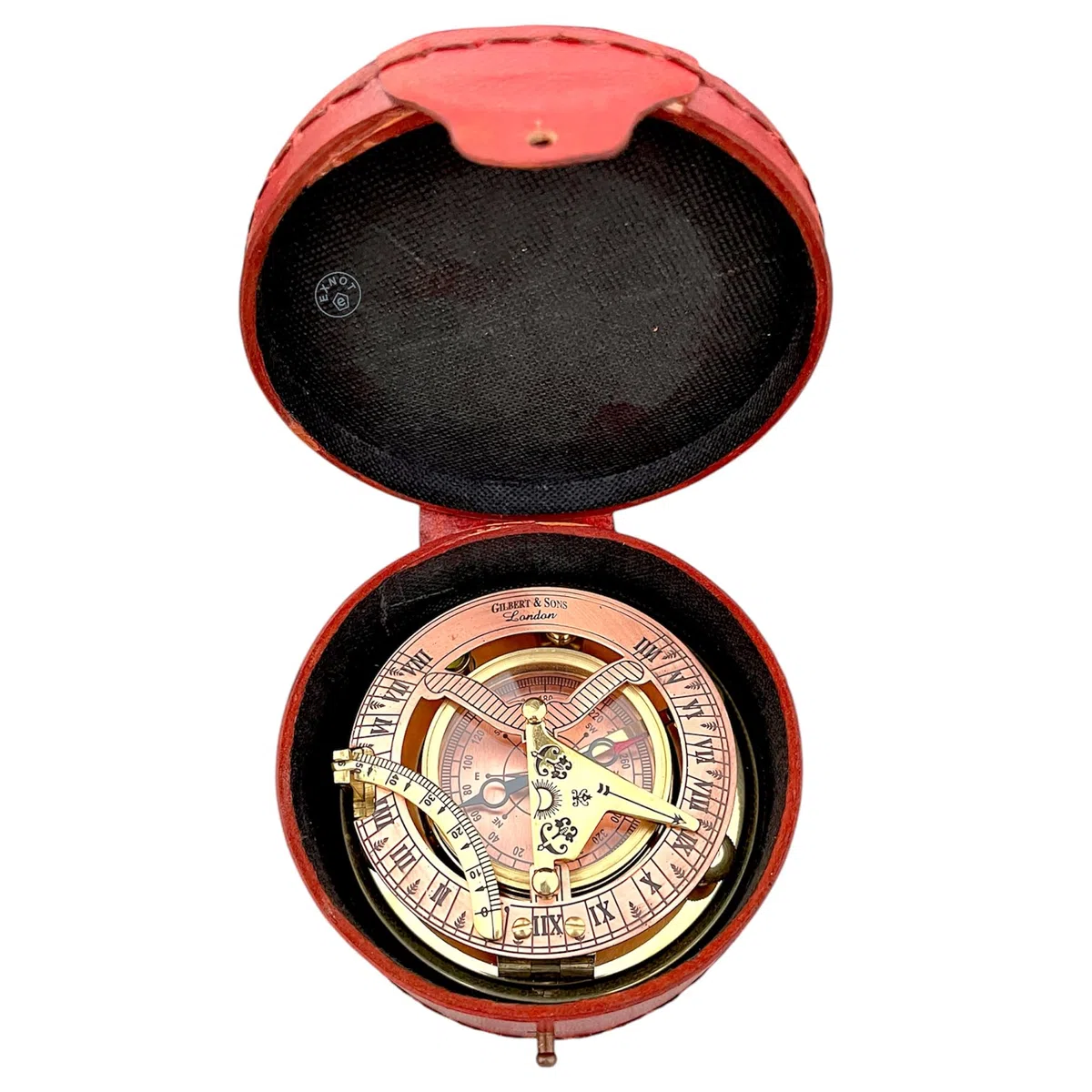 Vintage-Sonnenuhr-Kompass aus Messing mit Kupfer-Zifferblatt im Lederetui, Steampunk, Vintage-Kompass, Kupfer-Sonnenuhr in Box, Geschenke für Jahrestag und besondere Anlässe