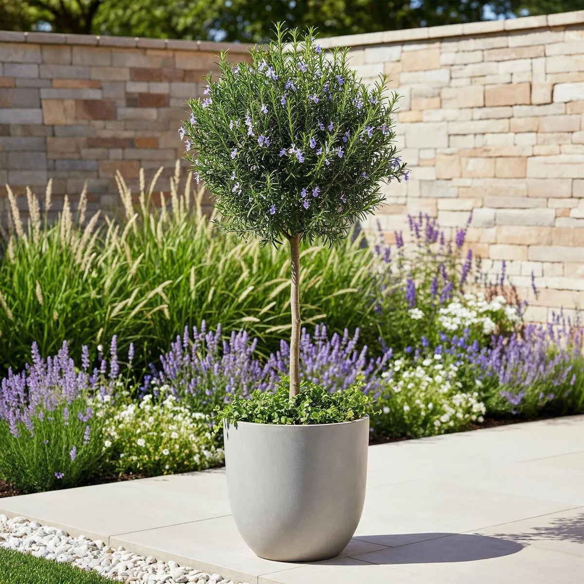 GreenboutiQ - Stamm Pflanze - Rosmarinus officinalis - Terrassen Pflanze - Immergrün - Winterhart - Lila Blüte - Topf 19cm Höhe 90cm