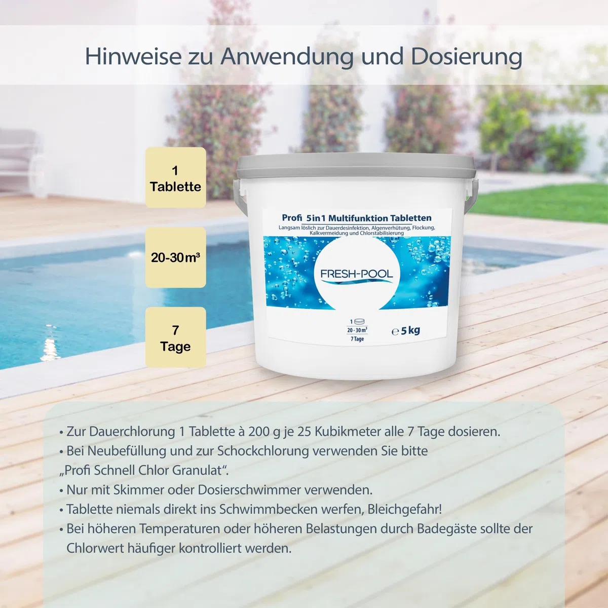 Fresh-Pool Profi 5in1 Multifunktion Tabletten 200g 5 kg - Chlortabletten für Pool mit Algizid und Flockung | Multifunktionstabletten Pool | Multitabs 5 in 1 200g | Chlortabs/Multitabs Pool 200g