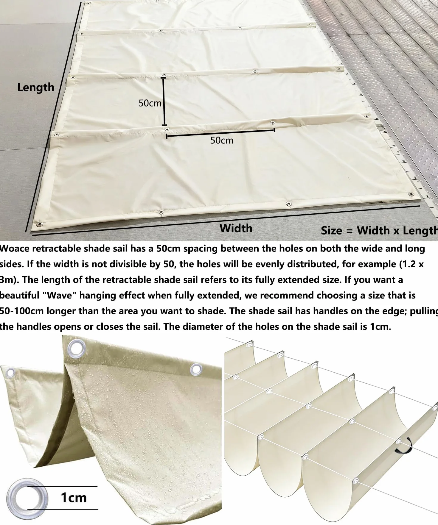 Einziehbare Welle Sonnensegel Nach Maß Wellenmarkise Verstellbar Segeltuch mit Ösen und Kordel Markisenstoff UV-Schutz Sonnenschutz Wasserdicht für Garten Pergola Balkon Terrasse 1x3M Creme