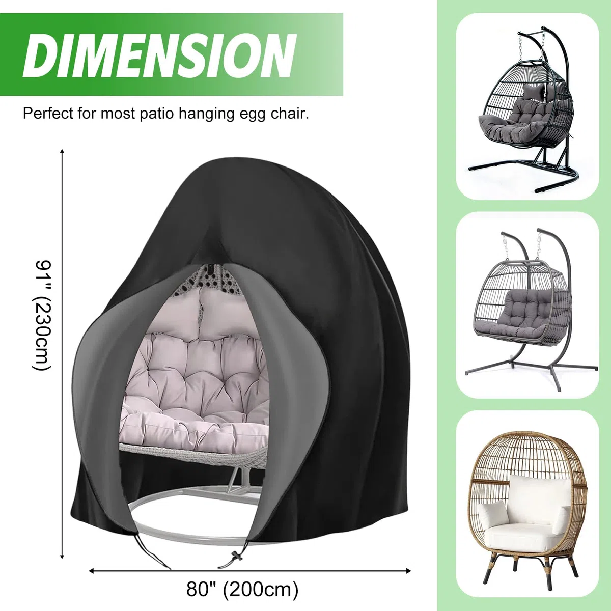 Hängesessel Abdeckung Hängestuhl Schutzhülle Ei-Stuhlbezug Patio Outdoor Swing Egg Chair Cover Wasserdicht Anti-Staub mit Reißverschluss 210D Oxford Hängekorb Schwingsessel Abdeckhauben 200 x 230 cm