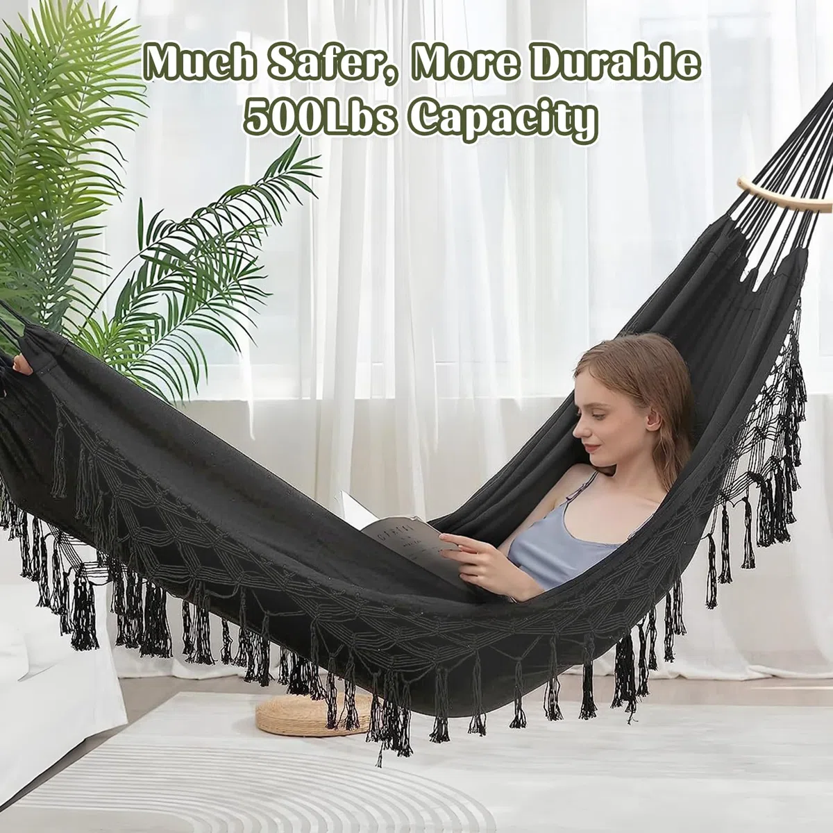 Hängematte Outdoor Boho, XXL Übergroßer Hängematte Hängesessel 2 Personen max 440 lbs, Hängeschaukel mit Tasche Holzstange Hängematte Indoor & Outdoor für Patio Garten Terrasse Wohn-Schlafzimmer