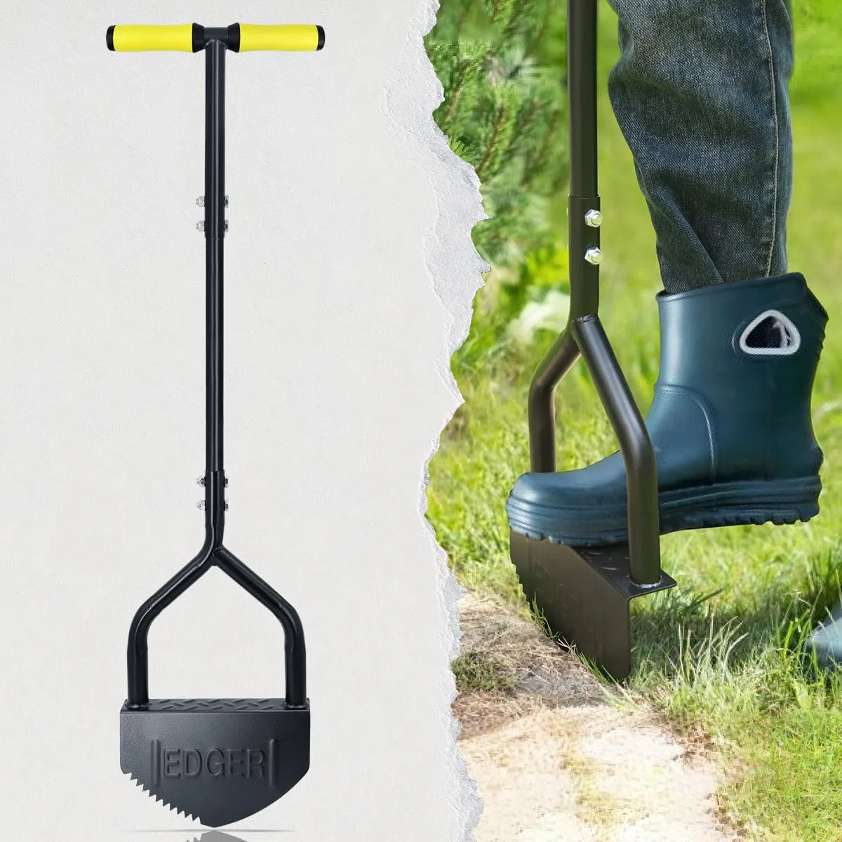 Colwelt Manuelles Rasenkantenwerkzeug, 102 cm, Halbmond-Rasenschleifer mit V-förmiger gezackter Klinge, massiver Stahl, Rasenkantenwerkzeug mit weichem T-Griff, Gartengraskantenschneider für Gehweg
