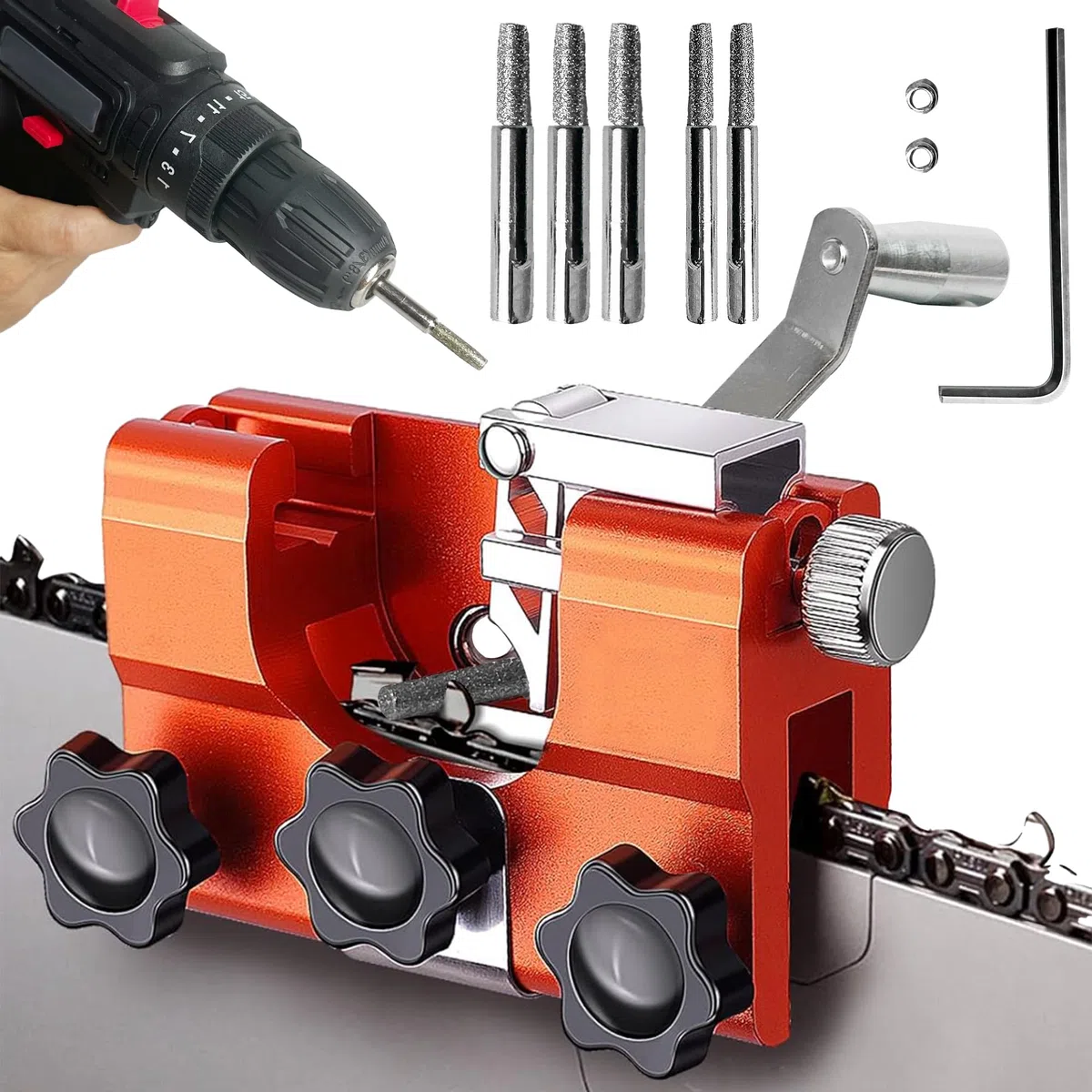 Kettensäge Schärfgerät,Kettenschärfgerät,Tragbar Handkurbeln Kettensägenschärfer mit 5 Schleifköpfen,Motorsägen Kettenschärfgerät,Geeignete 4"-22" Kettensägen und elektrische Sägen
