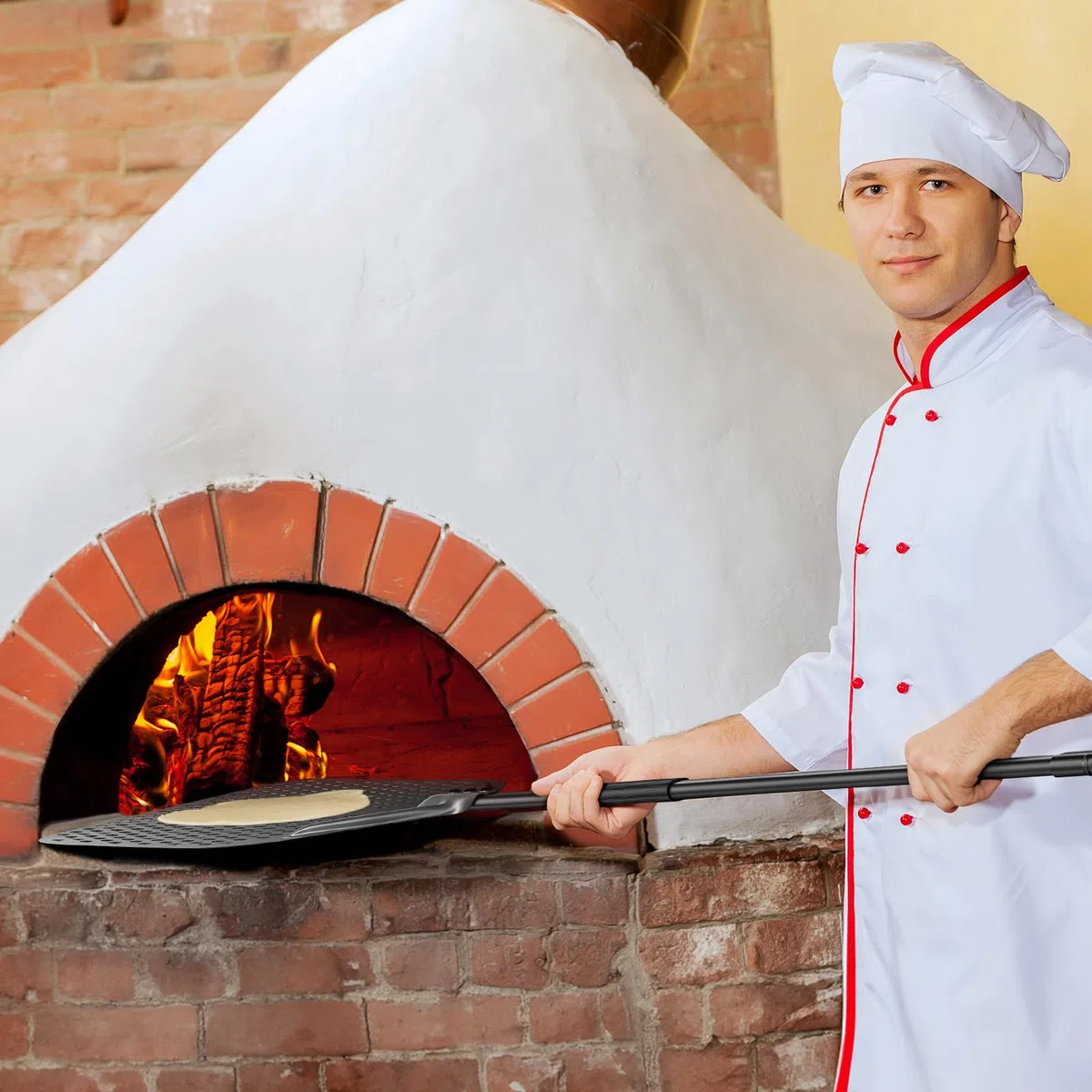Perforierter Pizzaschaufel aus Harteloxiertem Aluminium zum Leichten Gleiten auf Pizzastein, Rechteckig Großer Fläche & Abnehmbaren Griff für Grill Pizzaofen 34,7cm / Länge 118cm