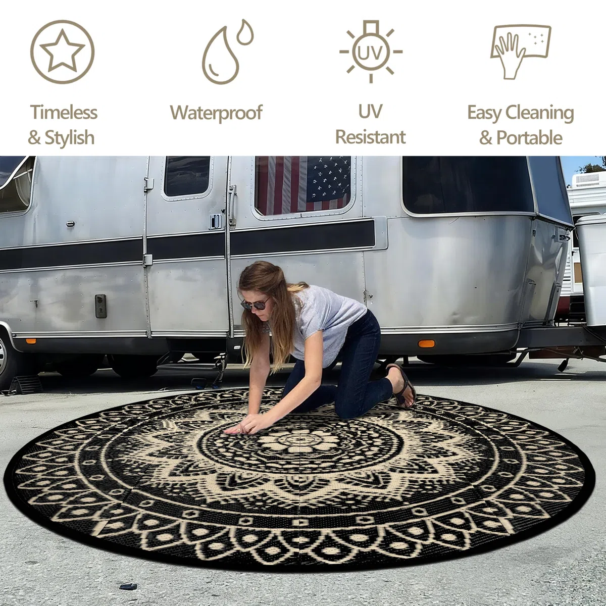 Outdoor Teppich Rund Wetterfest Wendbarer Außenteppich Kunststoff Bodenmatte Terrassenteppich Picknickdecke UV-beständige Teppich für RV Camping BBQ Patio Deck Balkon Strand, 180cm Schwarz/Braun