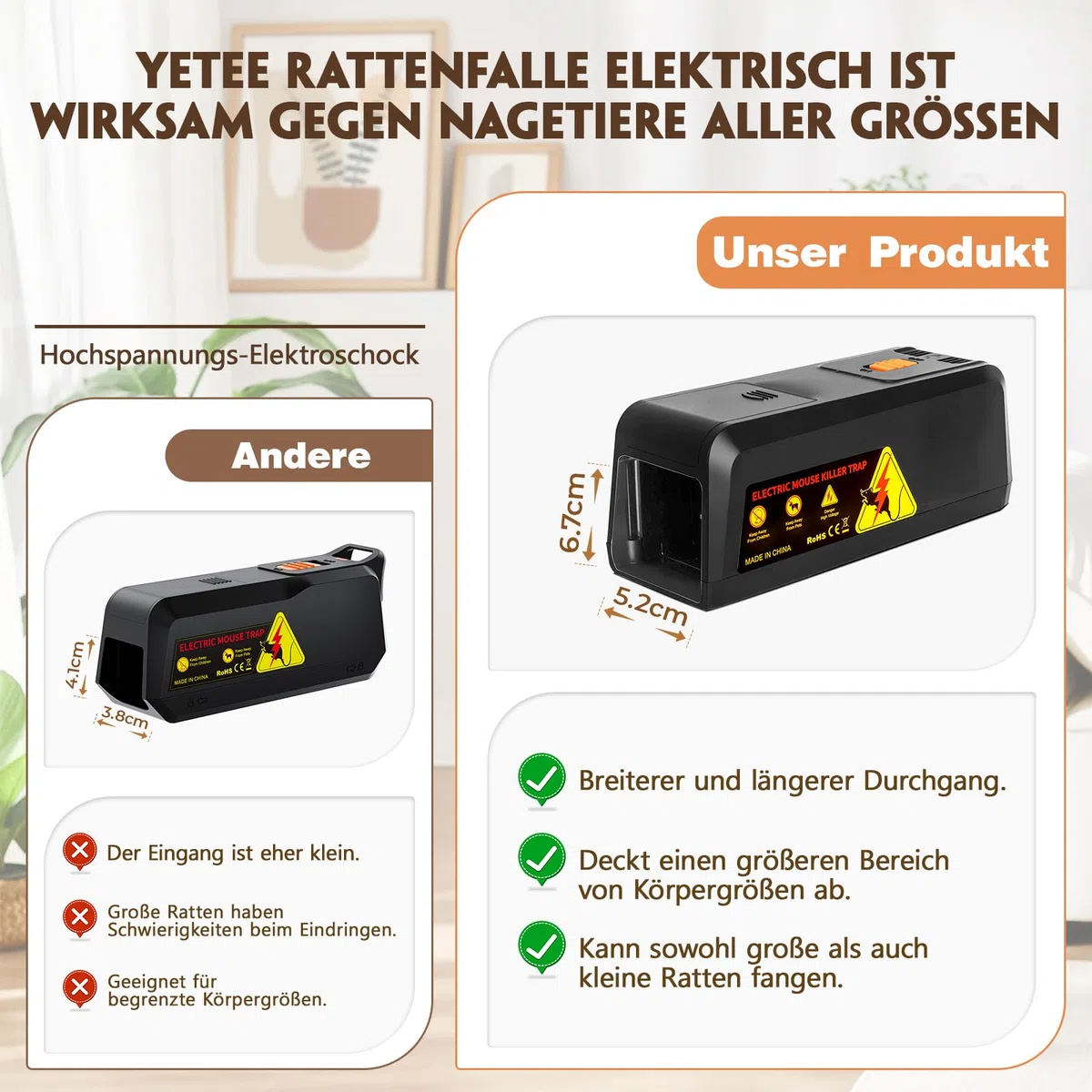 Elektrische Rattenfalle, Mausefalle Elektrisch Upgrade Eine Hochspannung Von 2800 V Tötet Mäuse Sofort Und Schmerzlos – Großes Einlassdesign, Wiederverwendbar & Hygienisch, Rattenfalle Elektrisch