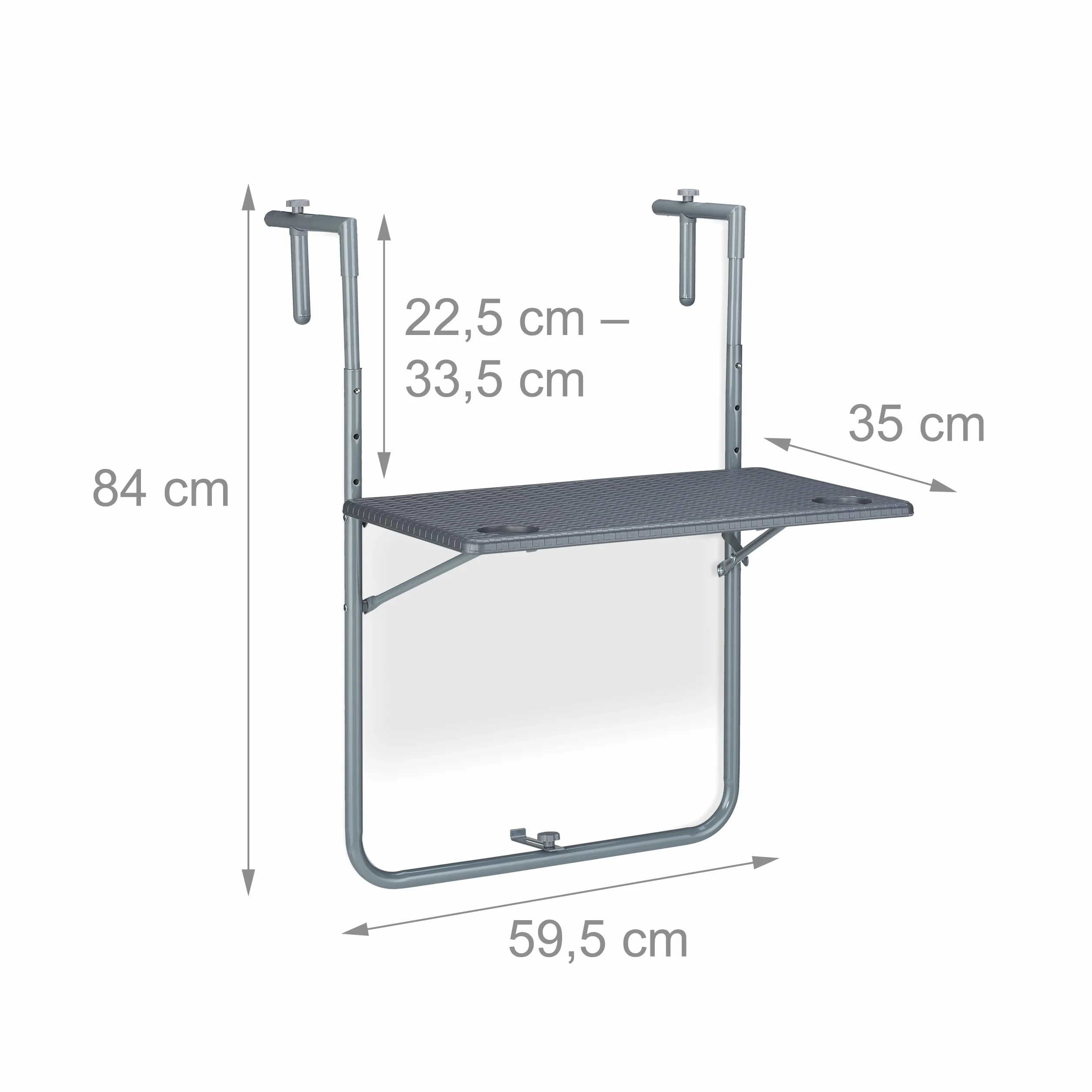 Relaxdays Balkonhängetisch klappbar, BxT: 59,5 x 60 cm, 3-Fach höhenverstellbar, 2 Getränkehalter, Geländertisch, grau