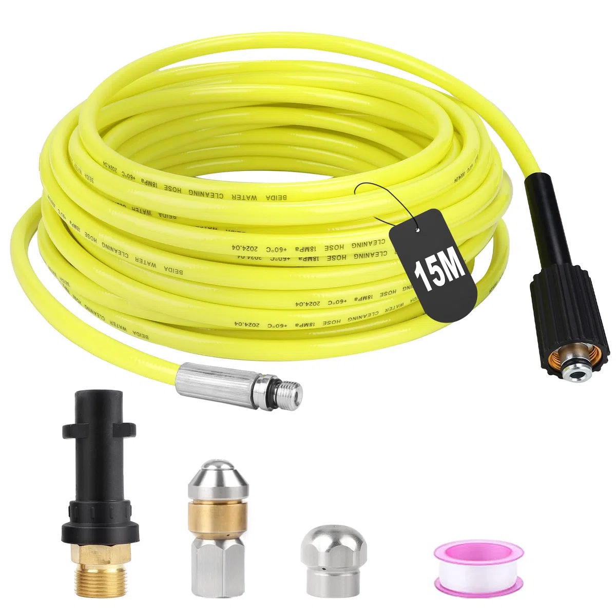 SWAWIS Rohrreinigungsschlauch 15M 180bar Hochdruckreiniger Schlauch Kompatibel mit Kärcher Rohrreinigungsset Kanalreiniger mit 2 Rohrreinigungsdüse, Adapter für Kärcher K2-K7 Hochdruckreiniger, Gelb