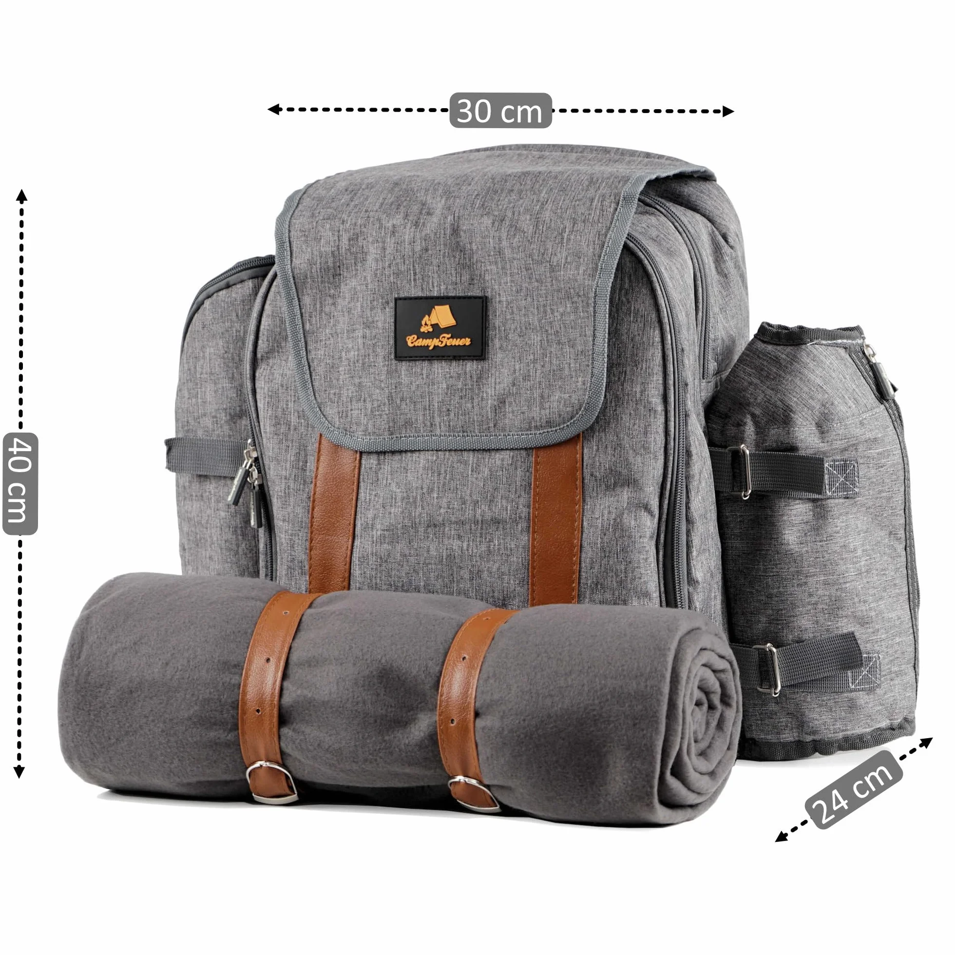 CampFeuer Picknickrucksack für 4 Personen | Picknickset 32-teilig | grau | mit Flaschenhalter, Picknickdecke, großem Kühlfach, Geschirr und Besteck | Rucksack mit Campinggeschirr, Picknickset