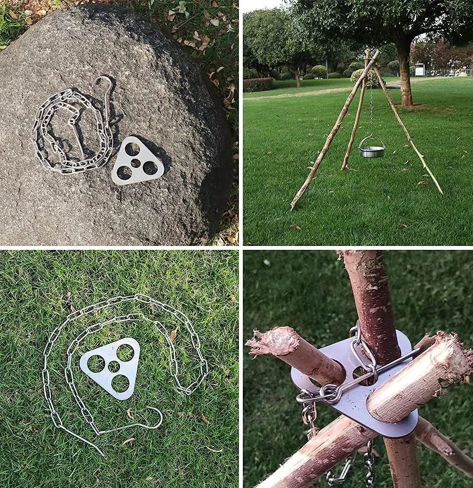 Lagerfeuer Stativ Grillzubehör, Camping Stativ Grillbrett Tragbares Edelstahl Camping Kochgeschirr Zubehör mit verstellbarer Kette zum Aufhängen von Kochgeschirr Camping Outdoor Kochen