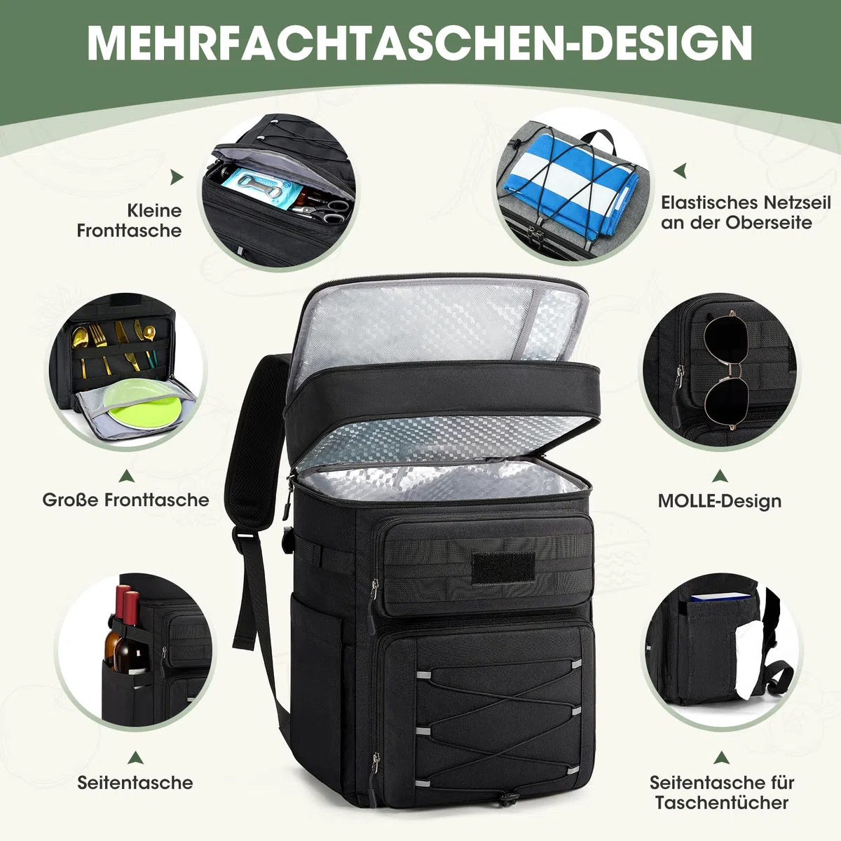 RAINSMORE Kühlrucksack 30L Auslaufsicher Groß Thermo Kühltasche Rucksack Doppeldeck Isolierter Picknickrucksack für Familie Outdoor BBQ Schwarz
