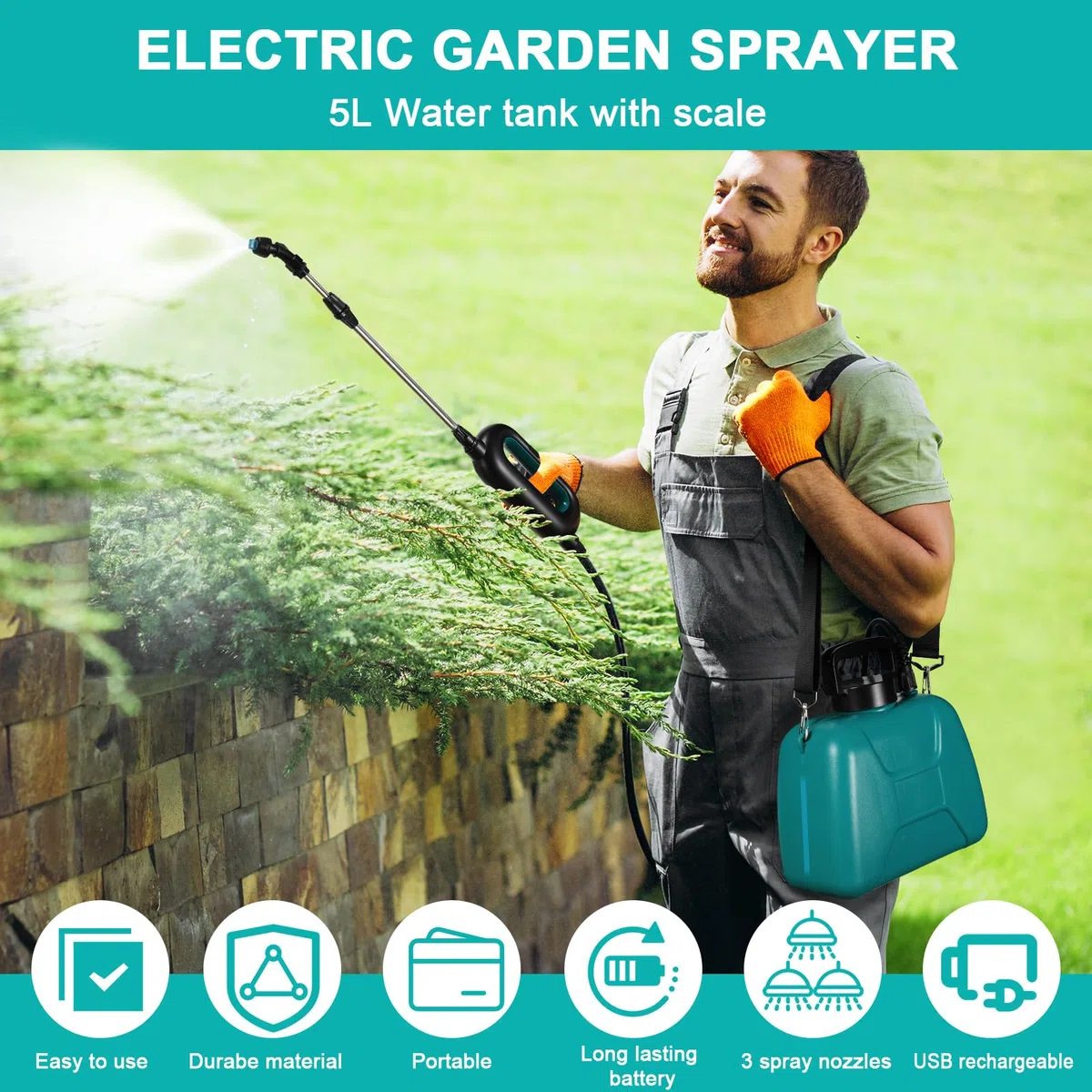 TLGREEN Drucksprüher 5L, 7.4V Stärker Elektrischer Pflanzensprüher, mit 3 Düsen & Verstellbarer Schultergurt, USB-aufladbarem Griff mit Teleskopstab für Gartenspritze, Unkrautspritze & Wassersprüher