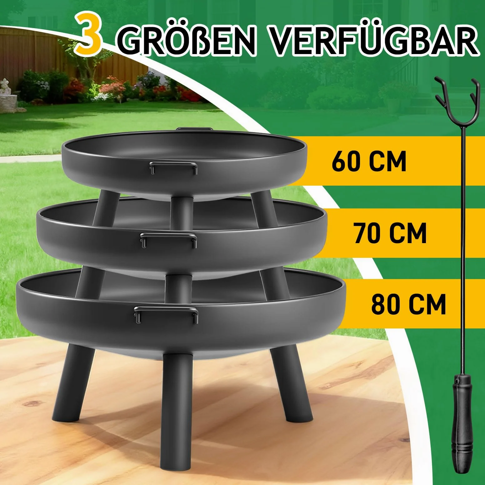 LEADZM Feuerschale Ø80 cm Eisenkonstruktion mit 2 Griffen Feuerhaken Feuerkorb für Holz Kohle Garten Terrasse Outdoor Schwarz