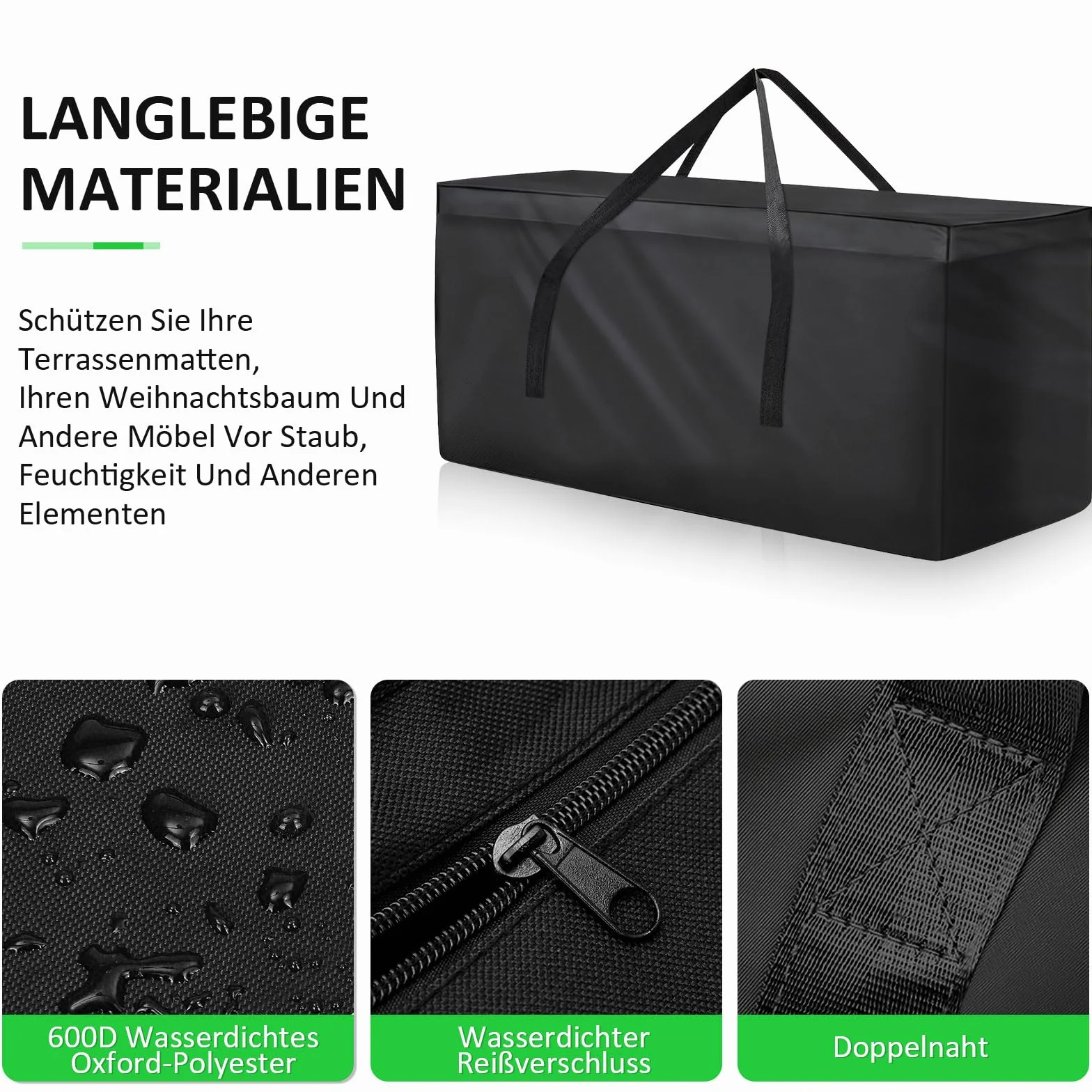 Aufbewahrungstasche Gartenauflagen, 600D Oxford, 200x60x75 cm | Reißfestes 600D Oxford, für Gartenmöbel Kissen und Polsterauflagen, wasserabweisend, Größe 200x60x75 cm