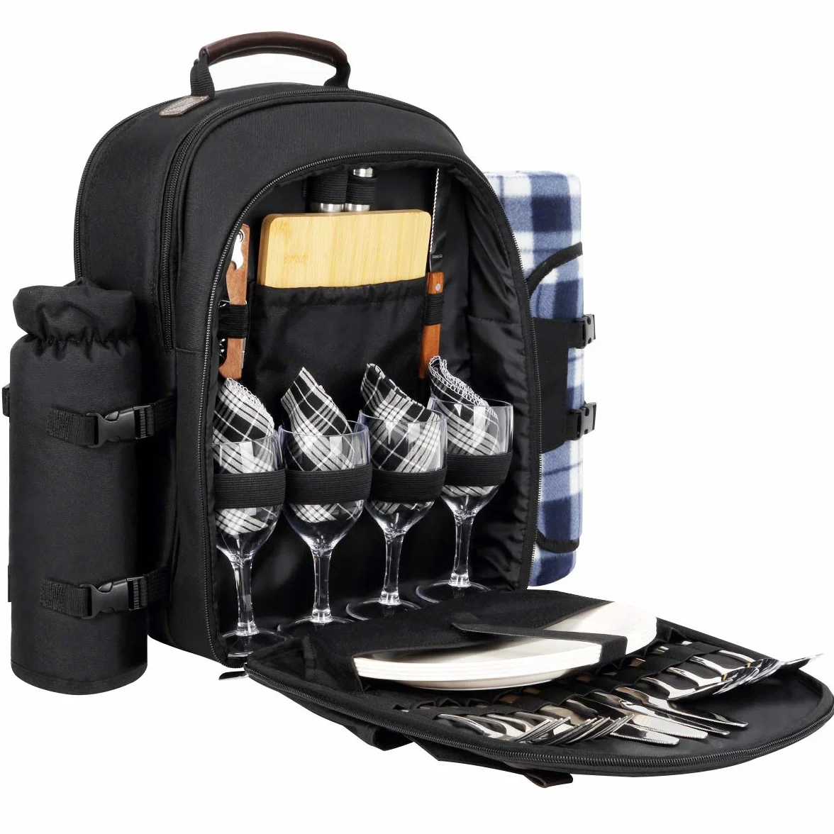 Sunflora Picknickrucksack für 4 Personen mit Decke Picknickkorb-Set für 2 mit isoliertem Kühler Weintasche für Familienpaare (Schwarz)