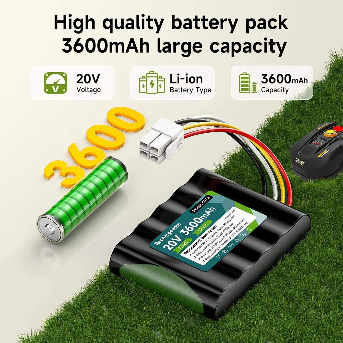 20V 3500mAh Akku für Worx Landroid S Basic, S450i, S500, WA3230, WR101SI, WR102SI, WR105SI, WR105si.1, WR106 SI, WR106SI, WR115mi, Landxcape LX7 / LX9 Series, 50032492, Ferrex 800m2 2021