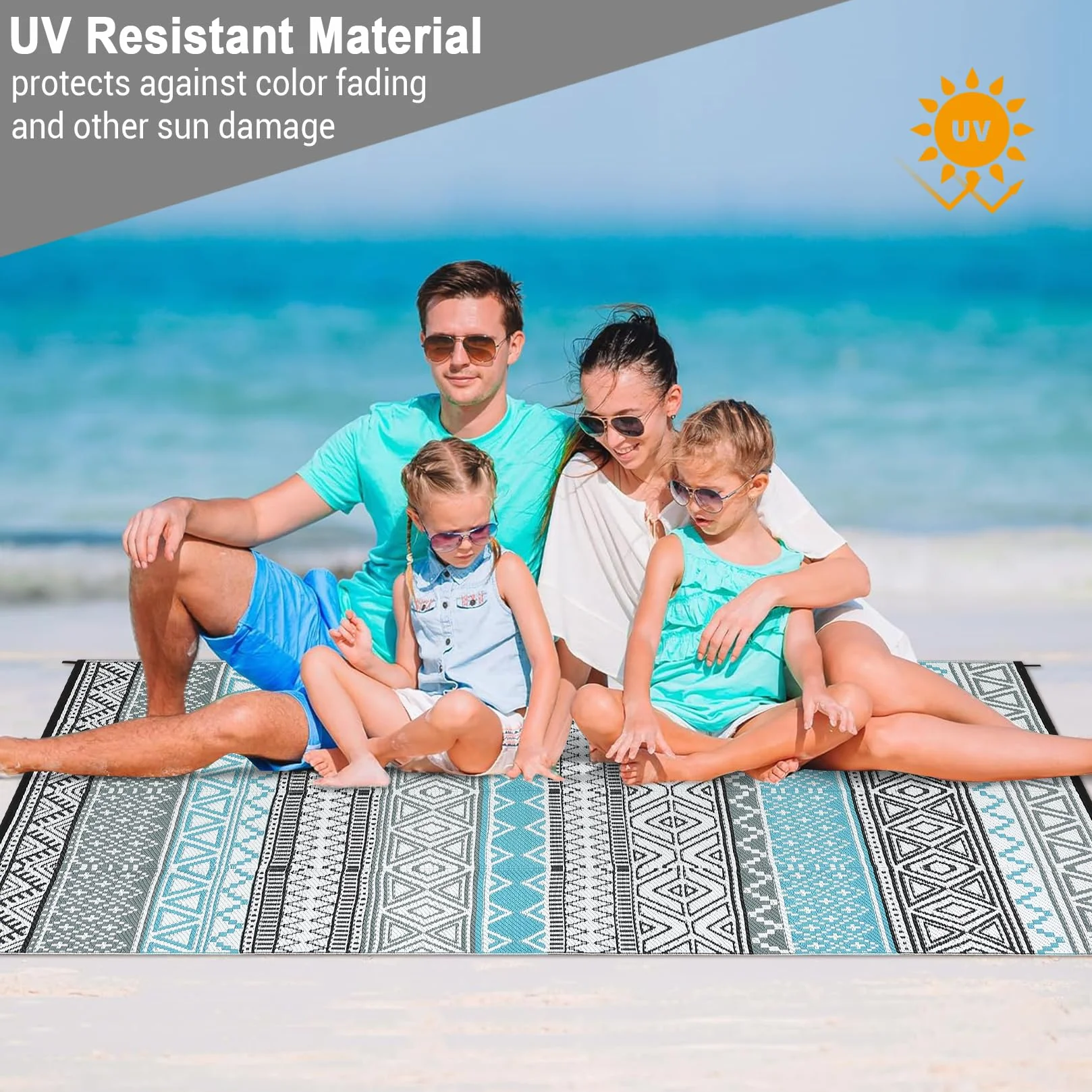 CAROMIO Outdoor Teppich Terrasse 120x240 cm, Wasserdicht. Kunststoffstroh-Teppich Camping, Umkehrbar. Indoor-Outdoor-Teppich Veranda, Terrassendeck, Garten, Balkon, Blau/Grau/Schwarz/Weiß