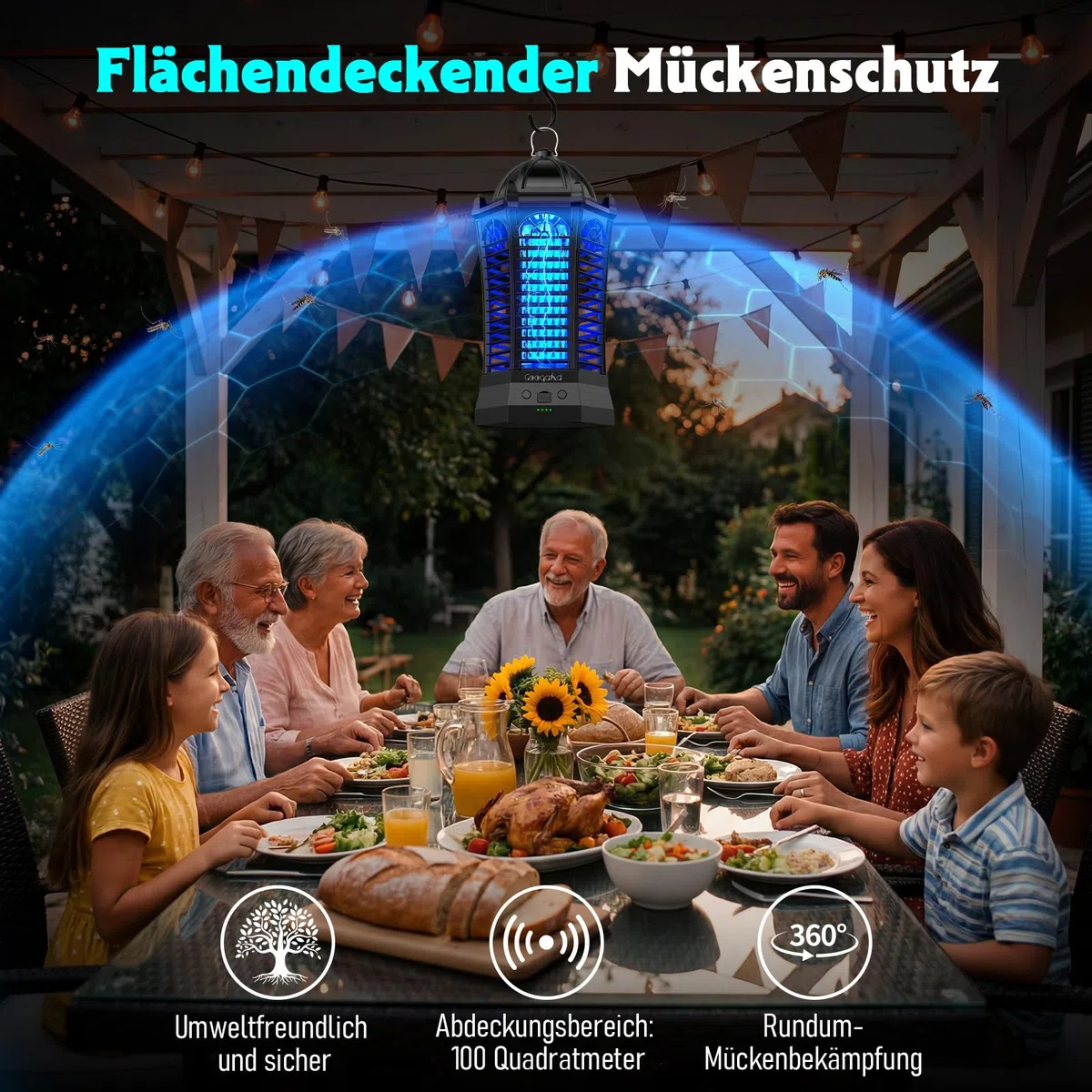 Insektenvernichter Elektrisch mit LED-Beleuchtung, Mückenfalle mottenfalle für Innen Außen 4000mAh Akku, IPX4 wasserdicht, Sicher, ungiftig & Geruchsneutral,Schlafzimmer,Küche,Wohnzimmer